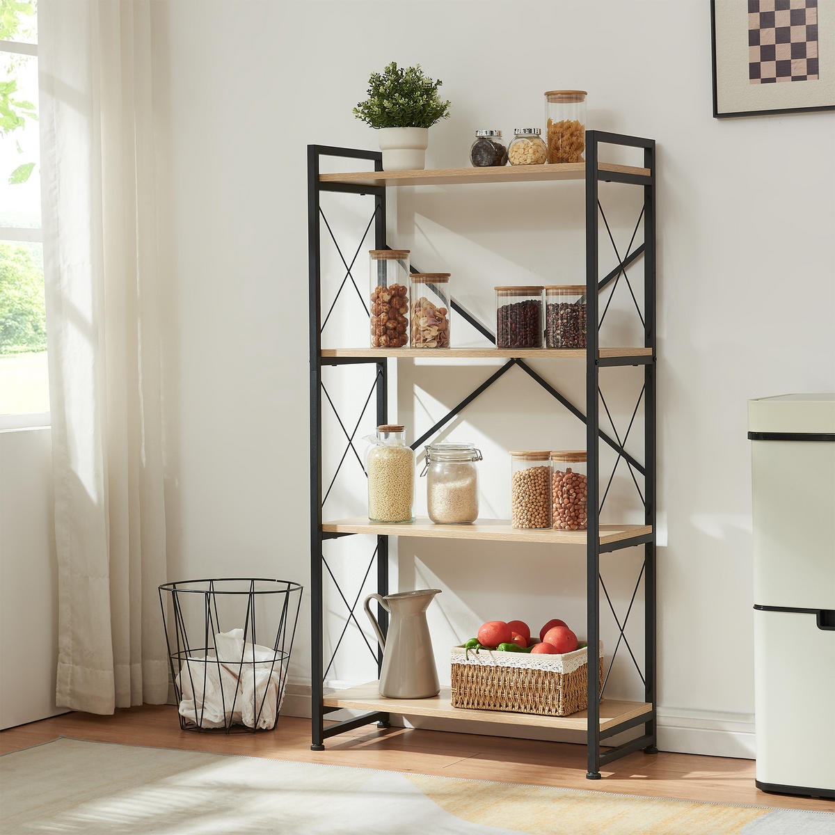 STOJANOVÁ POLICE Skørping - černá/barva dubu, kov/kompozitní dřevo (65/125/30cm) - [en.casa]