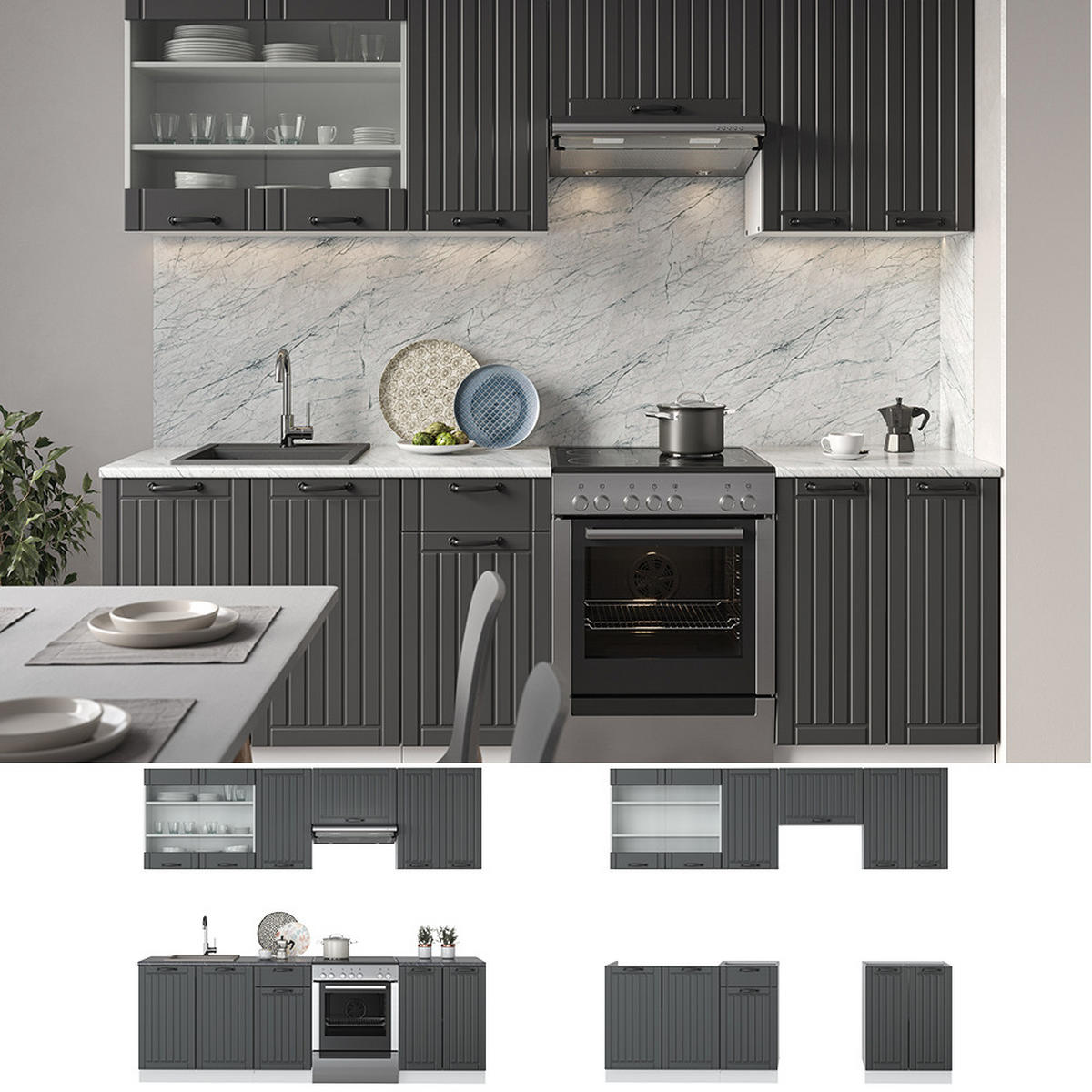 KÜCHENZEILE Fame-Line Anthrazit Landhaus/Weiß 240 cm, AP Eiche - Dunkelgrau/Weiß, Holzwerkstoff (240/81.6/60cm) - Vicco