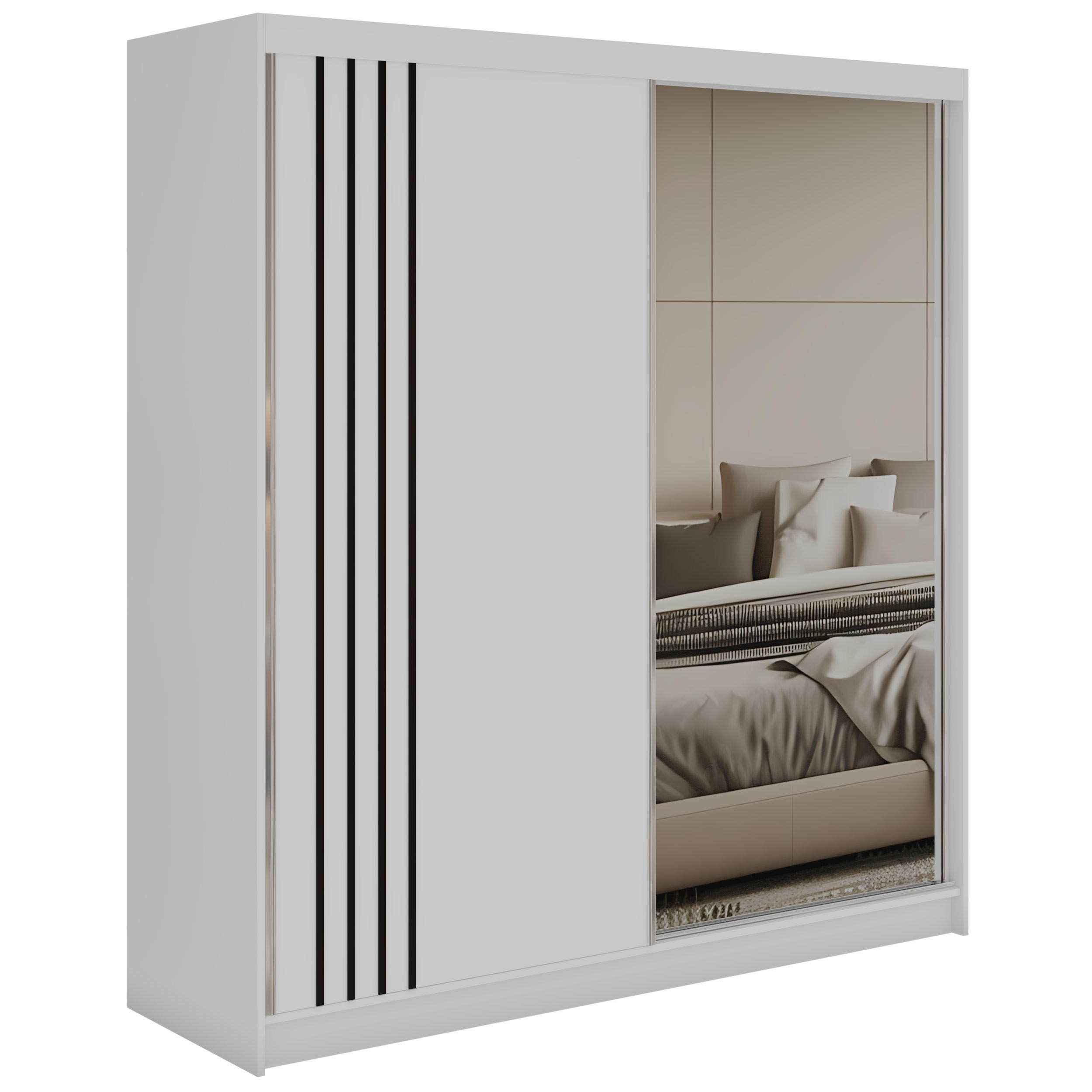 SCHWEBETÜRENSCHRANK mit Lamellen und Spiegel DIANA - 200 - Weiß und Schwarz - Schwarz/Alufarben, Holzwerkstoff/Metall (200/216/61cm) - MKS