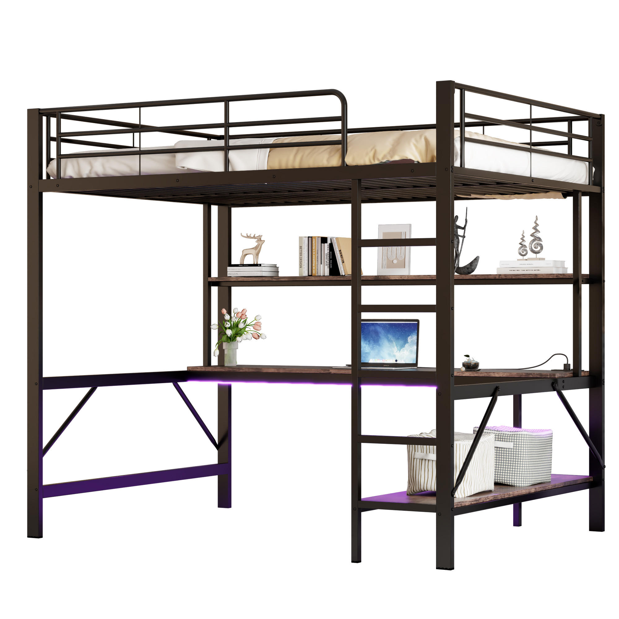 STILVORA HOCHBETT 140/200 cm in Schwarz mit Schreibtisch, Regal, LED und USB