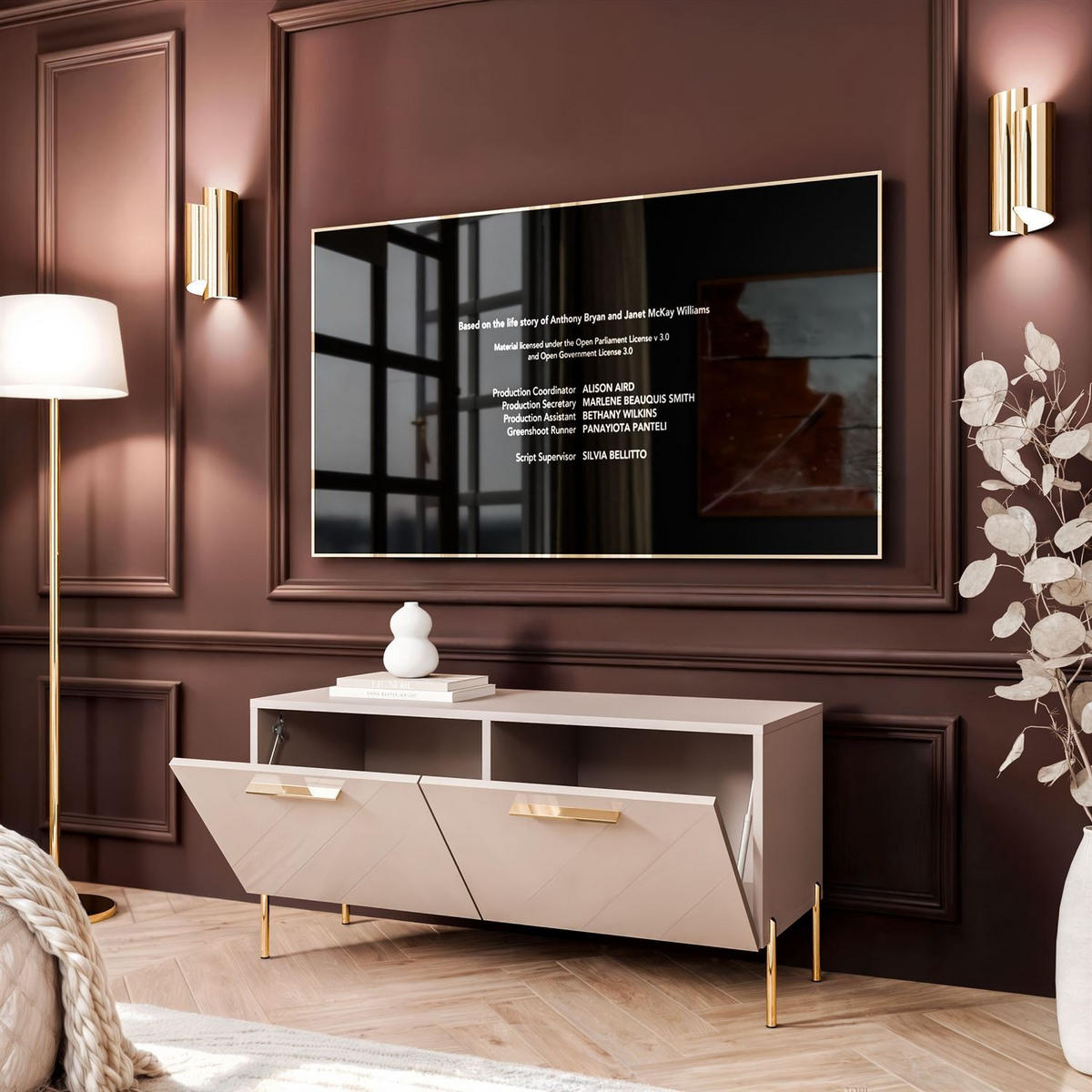 TV-ELEMENT AURA 100 KASCHMIR Hochglanz auf geraden goldenen Beinen - Kaschmir/Schwarz, Holzwerkstoff (100/50/40cm) - Lookway