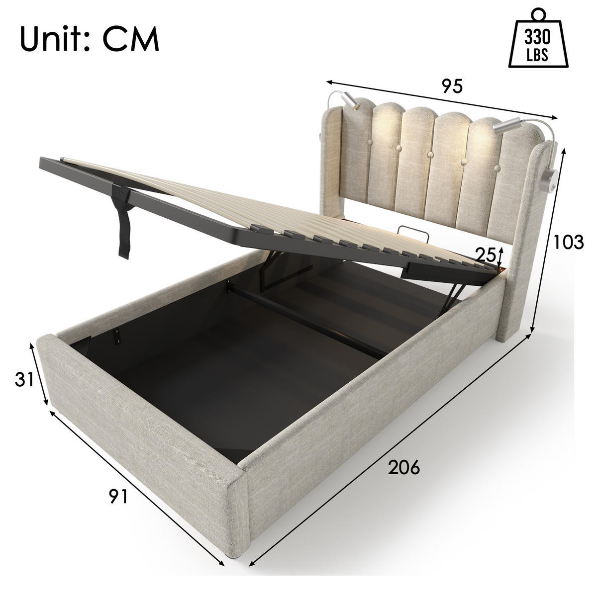 POLSTERBETT mit Bettkasten, Leselicht und USB 90x200 cm Beige - Beige, Metall (90/200cm) - Meubliv