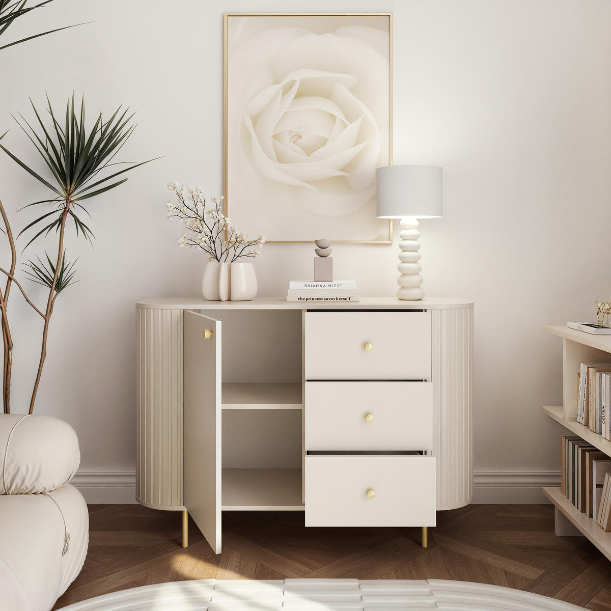 KOMMODE OVALINE 123 cm, 3 Schublade(n) Beige - Beige, Holzwerkstoff/Metall (123/85/42cm) - Idohome