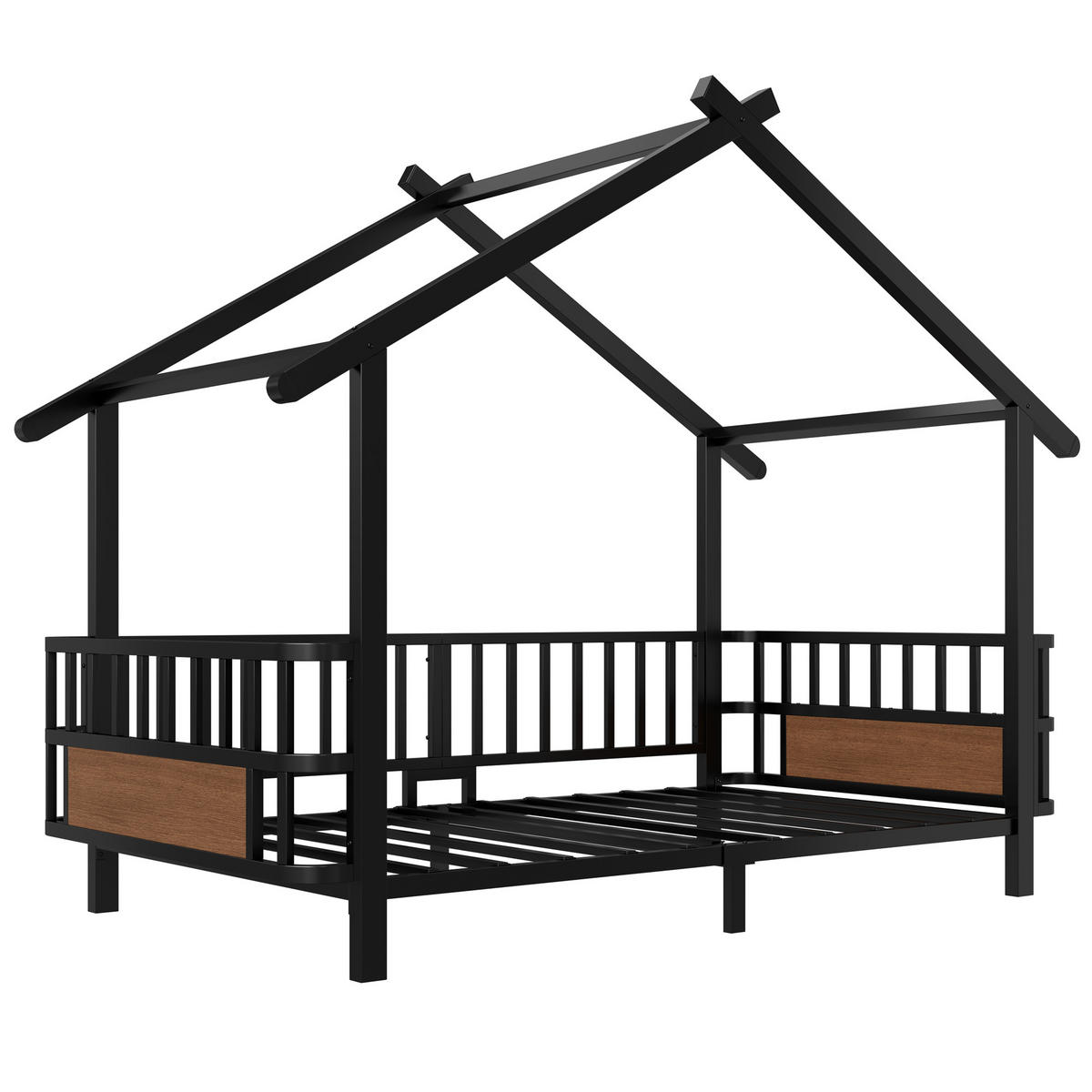 KINDERBETT 90x200cm Metall Hausbett Sicherheitsgitter Schwarz - Schwarz, Metall (90/200cm) - FLIEKS