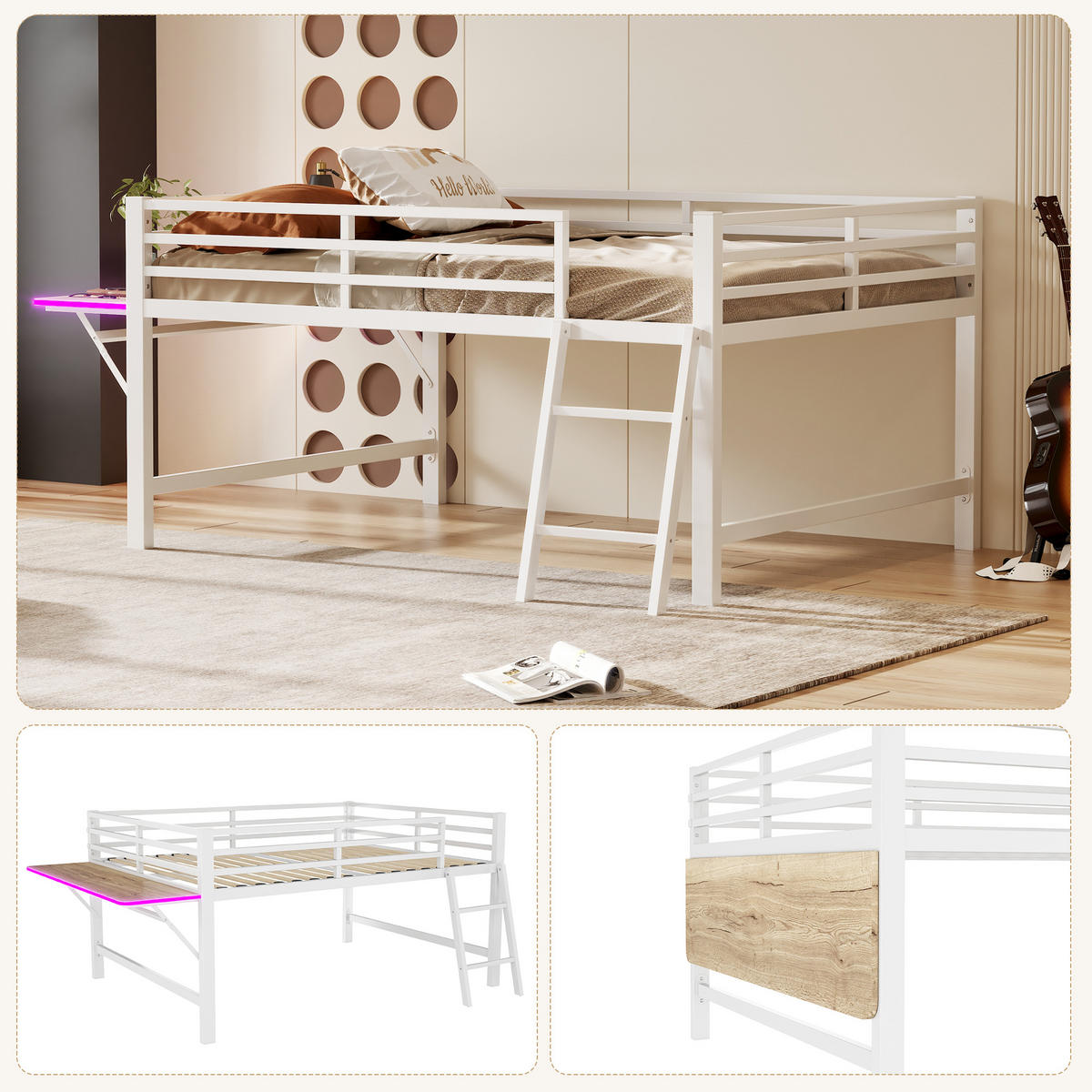 FLACHBETT 140x200cm Weiß Metall Geländer Schreibtisch LED-Licht - Weiß, Metall (140/200cm) - FLIEKS