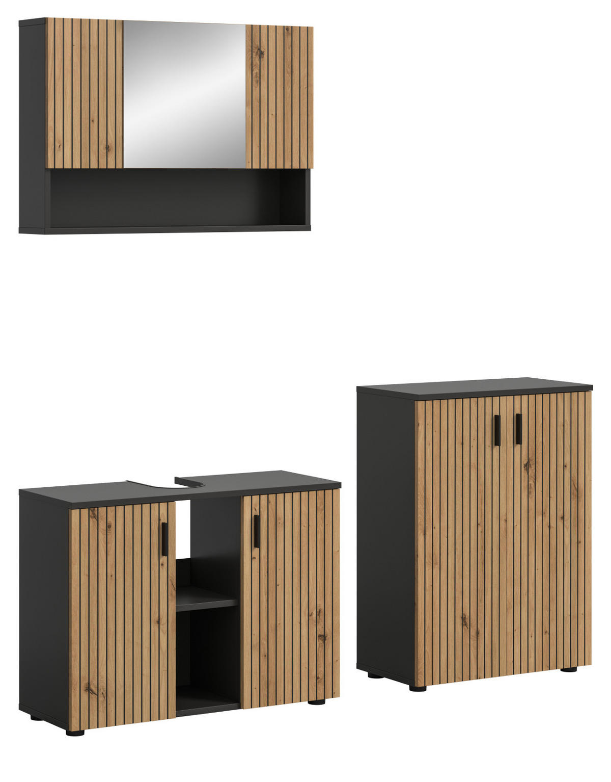 BADMÖBEL-SET Eiche, grau 3-teilig 155 cm, Badmöbel mit Rillen, Livia - Schwarz/Eiche Artisan, Glas/Holzwerkstoff (155/180/30cm) - Inn.Furn