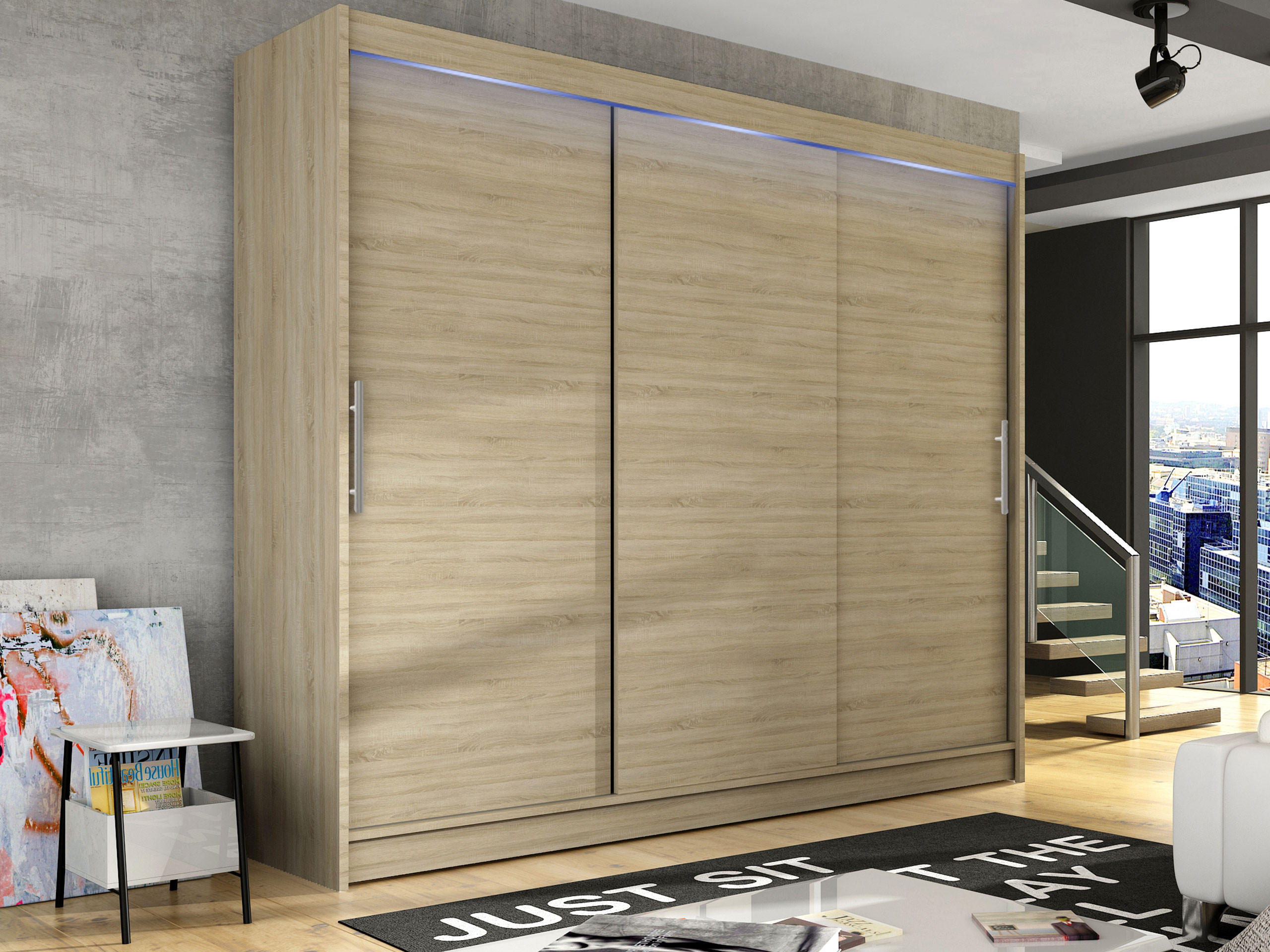 KLEIDERSCHRANK Aston II, mit RGB LED Beleuchtung - Silberfarben/Sonoma Eiche, Holzwerkstoff/Kunststoff (250/215/58cm) - MIRJAN24