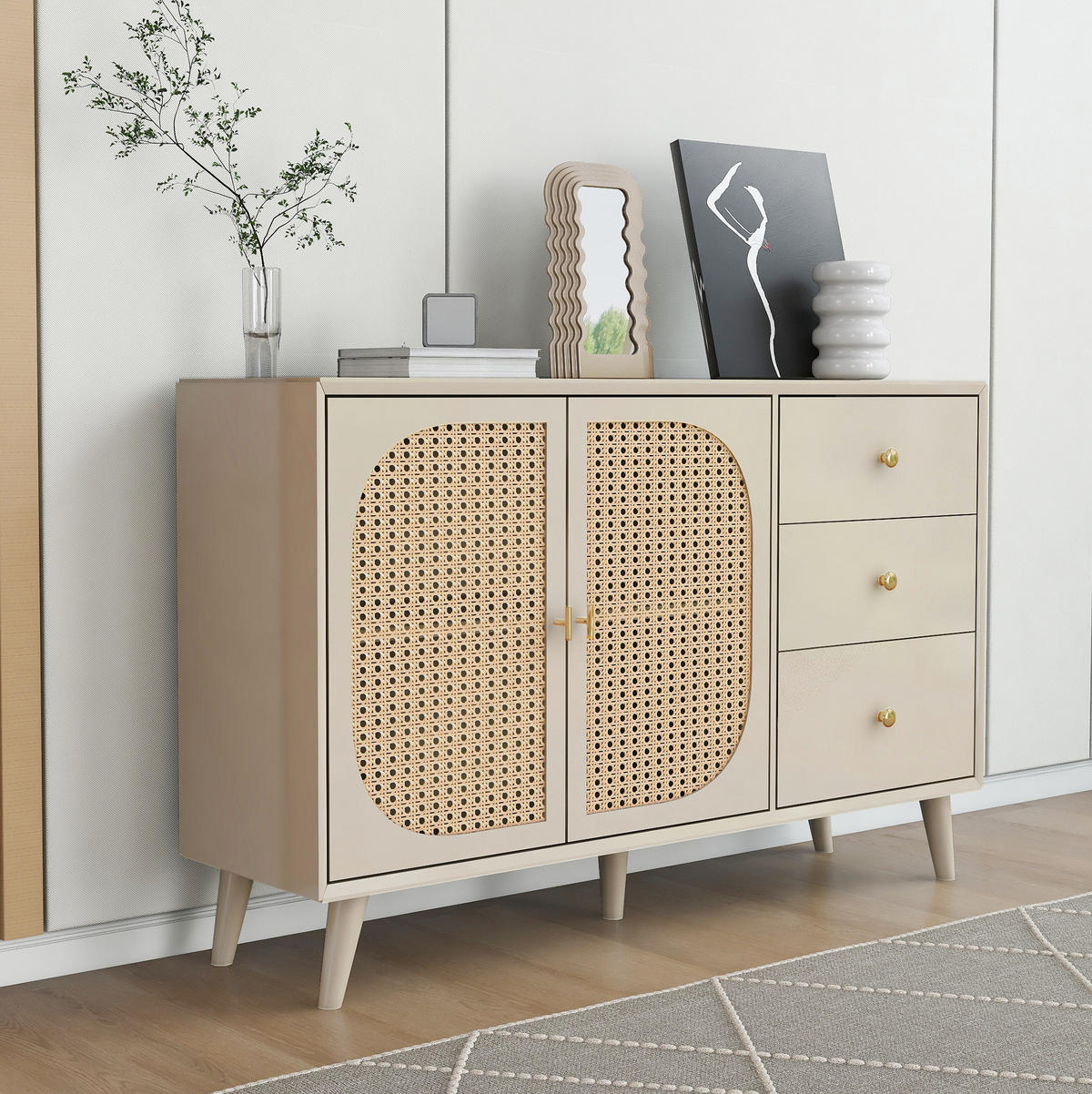 SIDEBOARD aus Spanplatte 120x40x82,5 cm Offwhite mit 2 Türen, 3 Schubladen und Push-to-open in Rattanoptik - Weiß, Holzwerkstoff (120/82.5/40cm) - Modfu