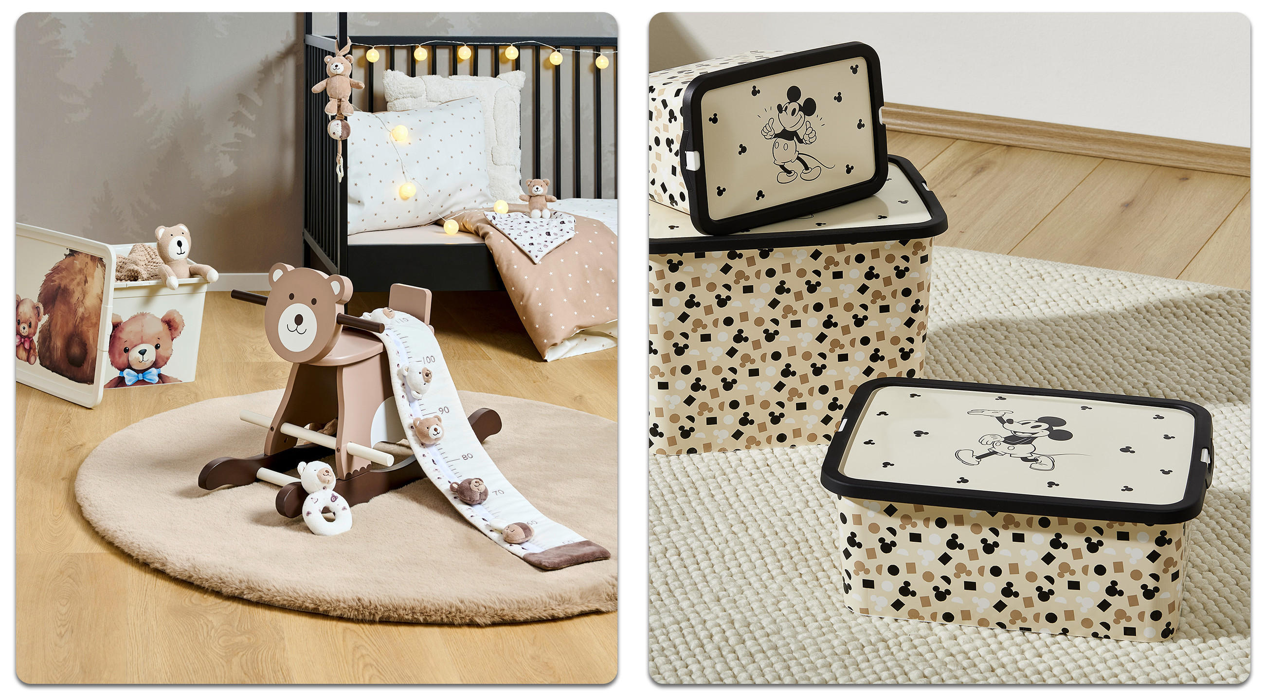 Eine Aufnahme mit Schaukeltier auf einem runden Teppich und eine Nahaufnahme von Disney Aufbewahrungsboxen.