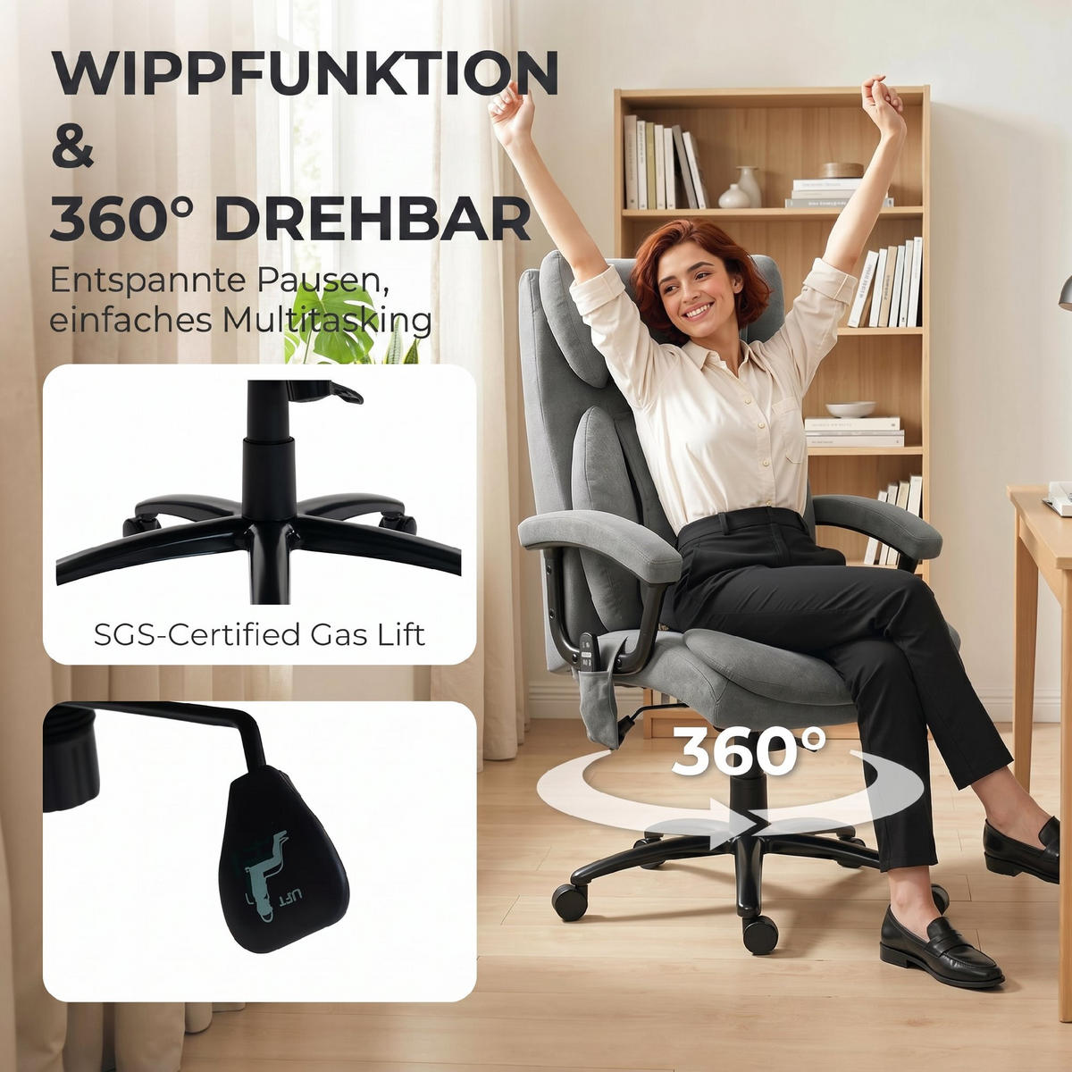 BÜROSTUHL DE-05237 4 Knetpunkte, Butterfly-Lehne & breiter Sitz Grau - Grau, Metall (70.5/122/76cm) - ComfortXL