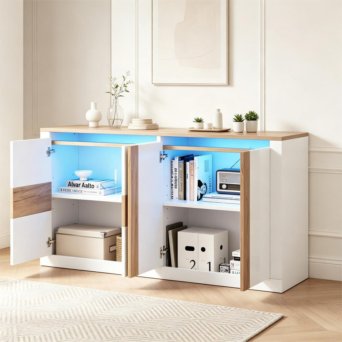 SIDEBOARD 140x35x70cm Weiß Eiche mit RGB LED und 4 Türen - Weiß/Naturfarben, Holzwerkstoff (140/70/35cm) - FLIEKS