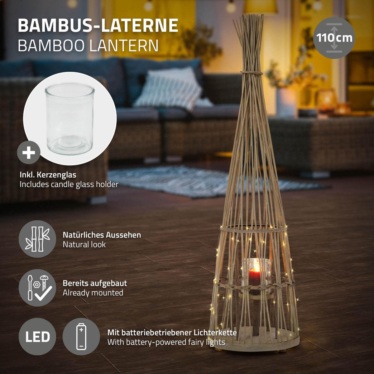 BAMBUSOVÁ LAMPION V: 110 cm, dřevěná barva, styl boho - přírodní, dřevo (31/110/31cm) - ECD-Germany