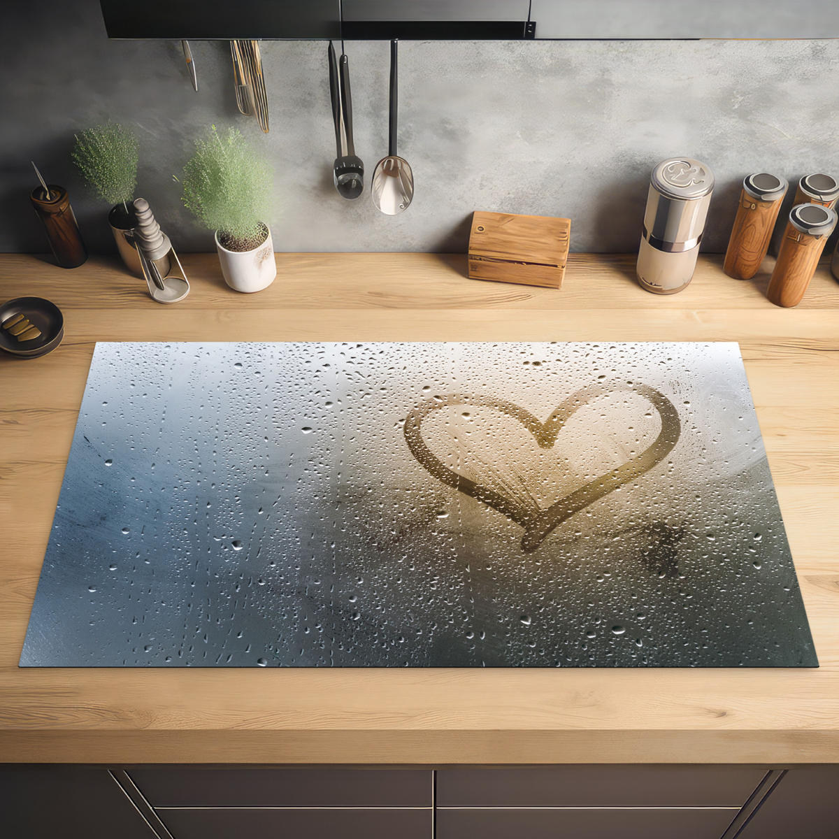 HERDABDECKPLATTE Herz - Kondenswasser - Wasser - 3D Ceranfeldabdeckung 90x52 cm - Grau, Kunststoff (90/52/0.2cm) - MuchoWow