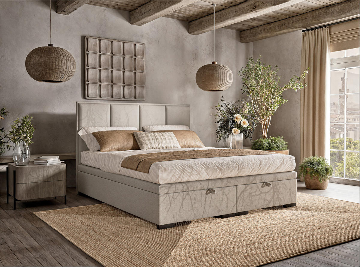 POLSTERBETT Fogo 200/200 cm, in Beige, Bettkasten, gepolstertes Kopfteil - Beige/Schwarz, Holz/Holzwerkstoff (200/200cm) - Maison de Reve