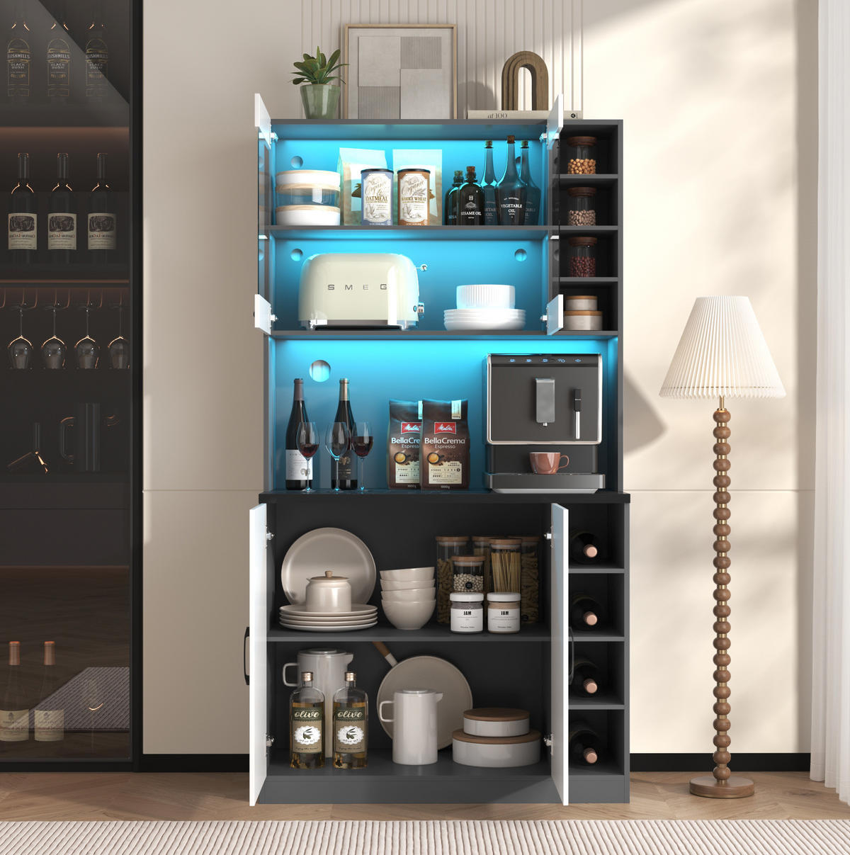 BUFFETSCHRANK 100/47/187 cm mit LED-Beleuchtung, Glaseinsatz und Kabelführung, Grau/Weiß - Weiß, Holzwerkstoff (100/187/47cm) - Redom