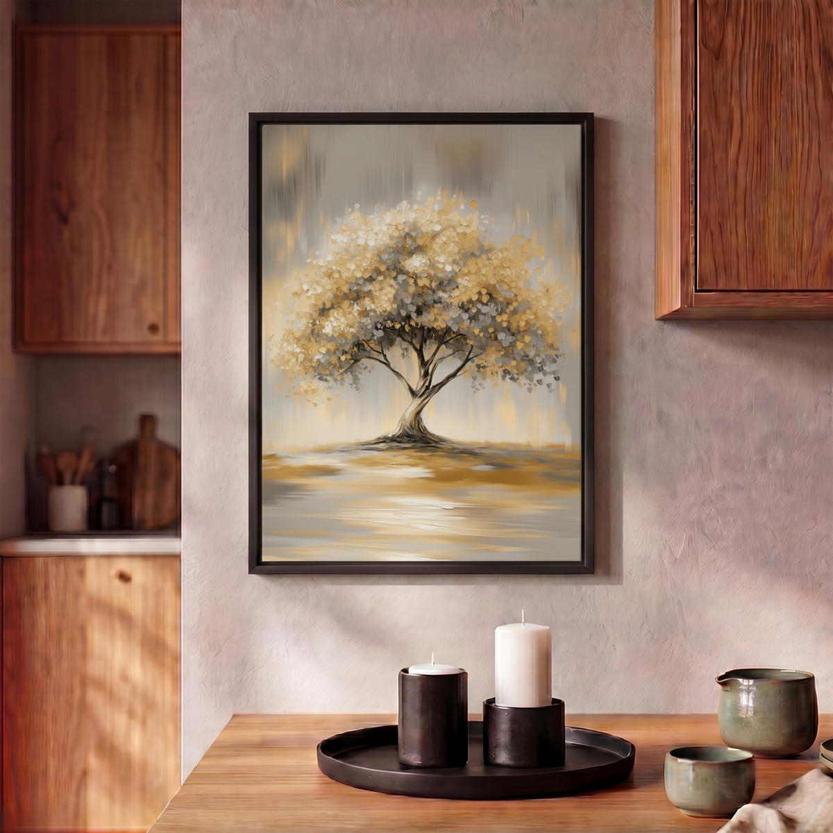 LEINWAND Bilder mit Rahmen - Gemälde - Baum - Abstrakt - Blätter - 30x40 - Beige, Textil (30/40cm) - MuchoWow