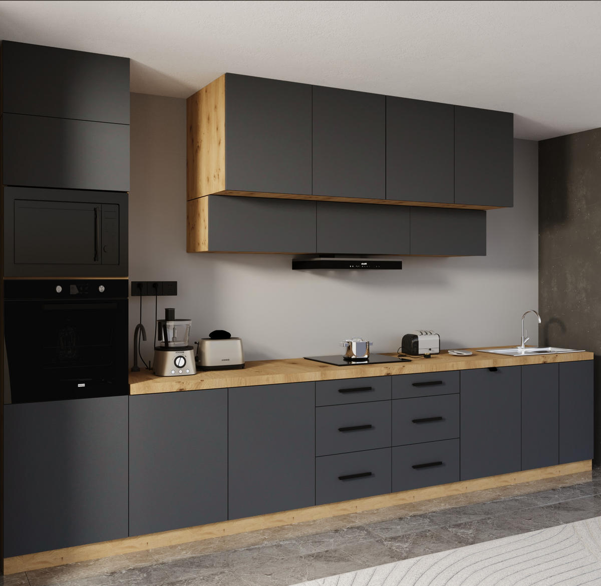 KÜCHENZEILE 440 cm - Langen KL8-M440 in Grau/Matt - Schwarz/Grau, Holz/Metall (440/248/58cm)