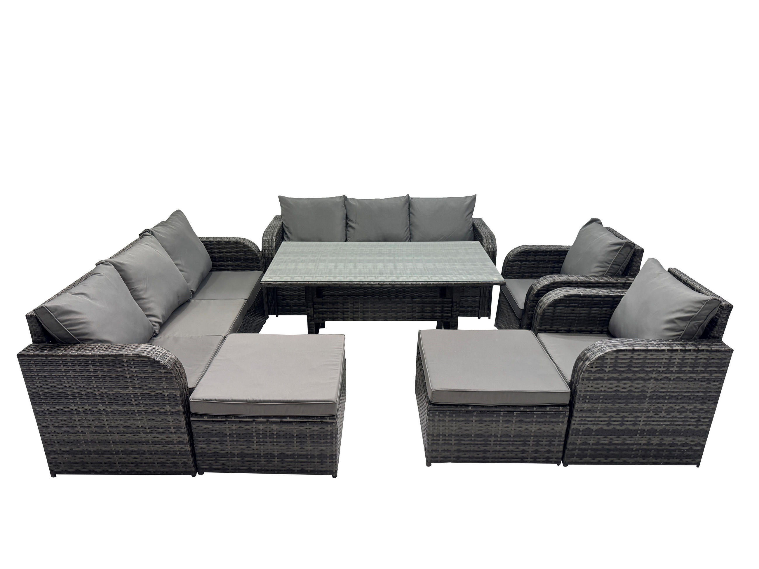 GARTENGARNITUR mit 3-Sitzer Sofa,2 Hockern Polyrattan Dunkelgrau 10-Sitzer - Dunkelgrau/Grau, Glas/Kunststoff - Fimous