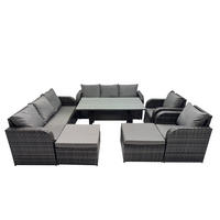 GARTENGARNITUR mit 3-Sitzer Sofa,2 Hockern Polyrattan Dunkelgrau 10-Sitzer - Dunkelgrau/Grau, Glas/Kunststoff - Fimous