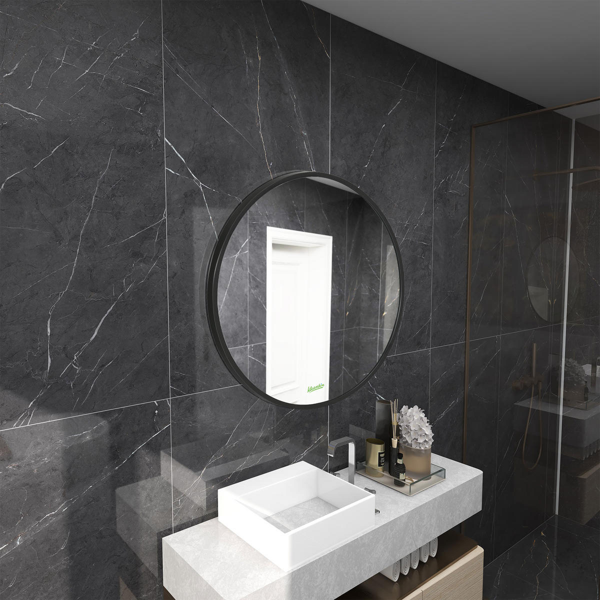 BADSPIEGEL, Runder Spiegel, Ø50 cm Wandspiegel, Schwarz - Schwarz, Glas (2/50/50cm) - Kleankin