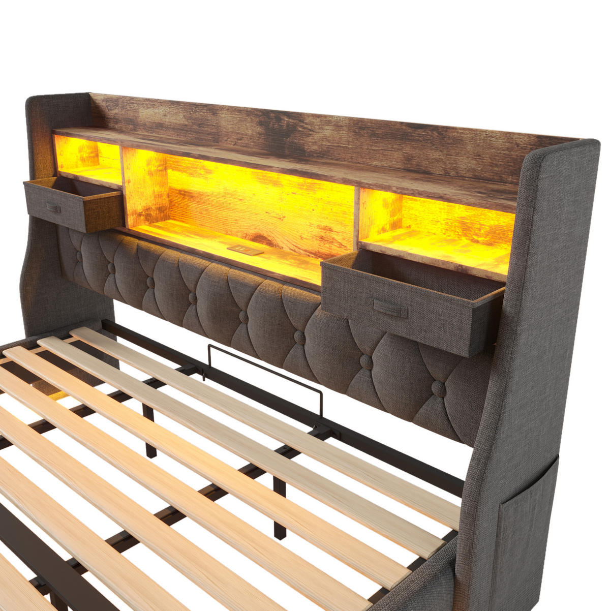 BETT mit LED und Ladestation 180x200 cm Leinen Grau - Grau, Holz (180/200cm) - Meubliv