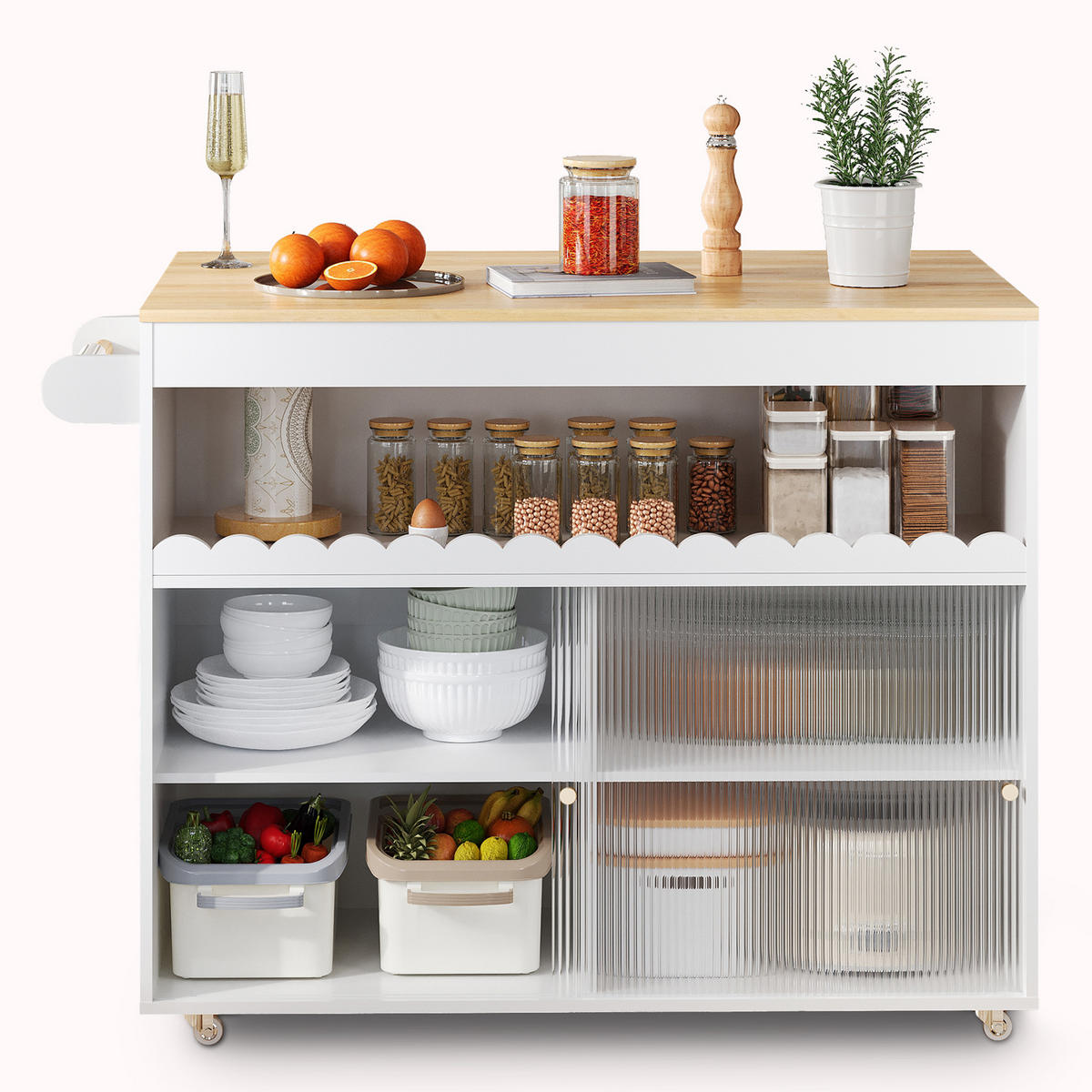 KÜCHENINSEL 122 cm MDF Weiß Natur mit Eichenoptik Platte und Glasschiebetüren - Weiß, Holzwerkstoff (46/91/122cm) - Korfee