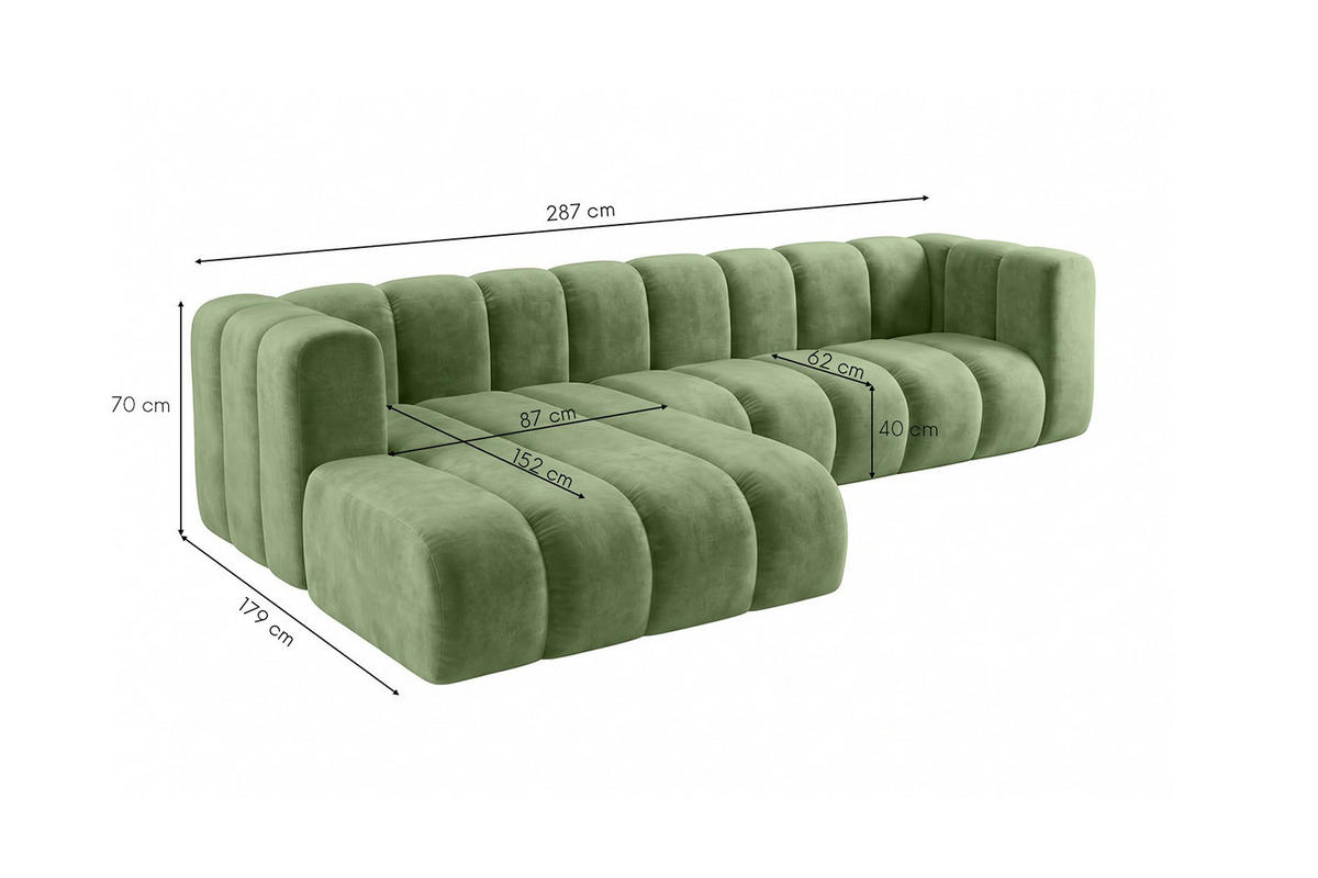 ECKSOFA Modulares In L-Form, Velvet-Stoff Riviera, Olive, Links, GRAND 287 cm - Olivgrün, Holz (287/179cm) - Kaiser Möbel