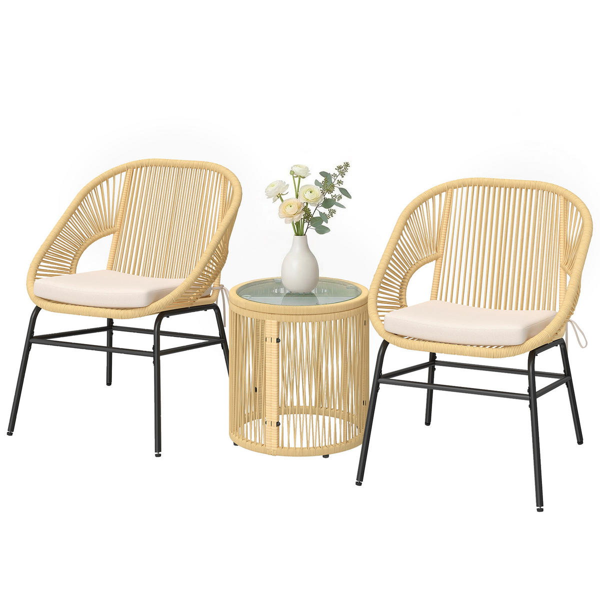 BISTROTSET 3tlg DE-13698 mit Glastisch und Polsterkissen Beige - Beige, Metall - ComfortXL