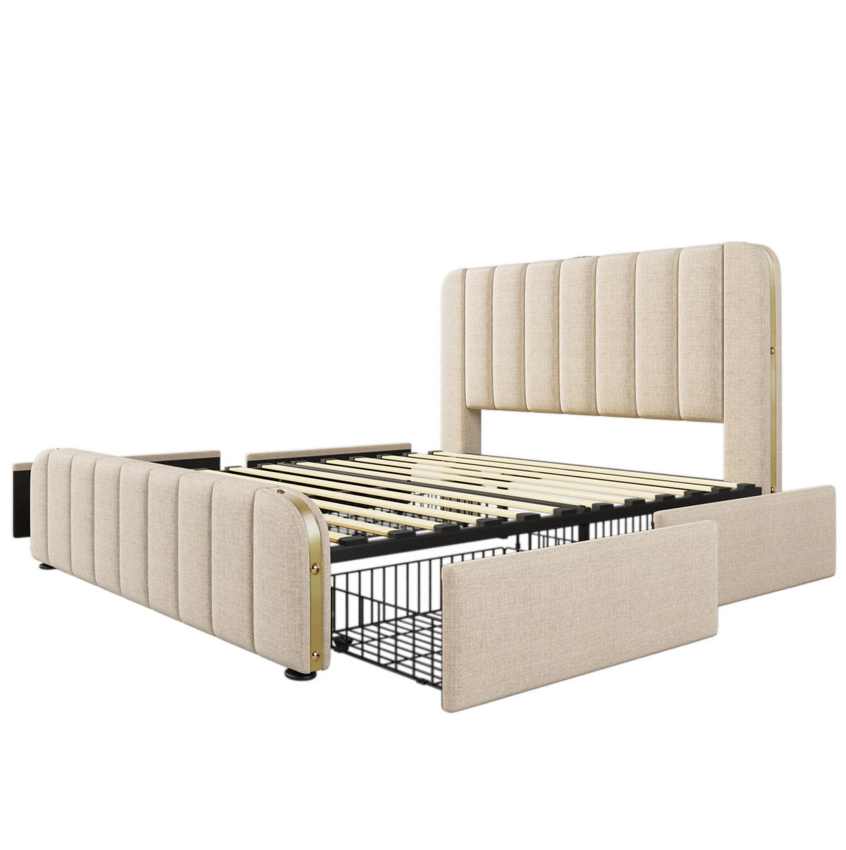 POLSTERBETT mit Matratze, USB und 4 Schubladen 160x200 cm Beige Leinen - Beige, Metall (160/200cm) - Meubliv