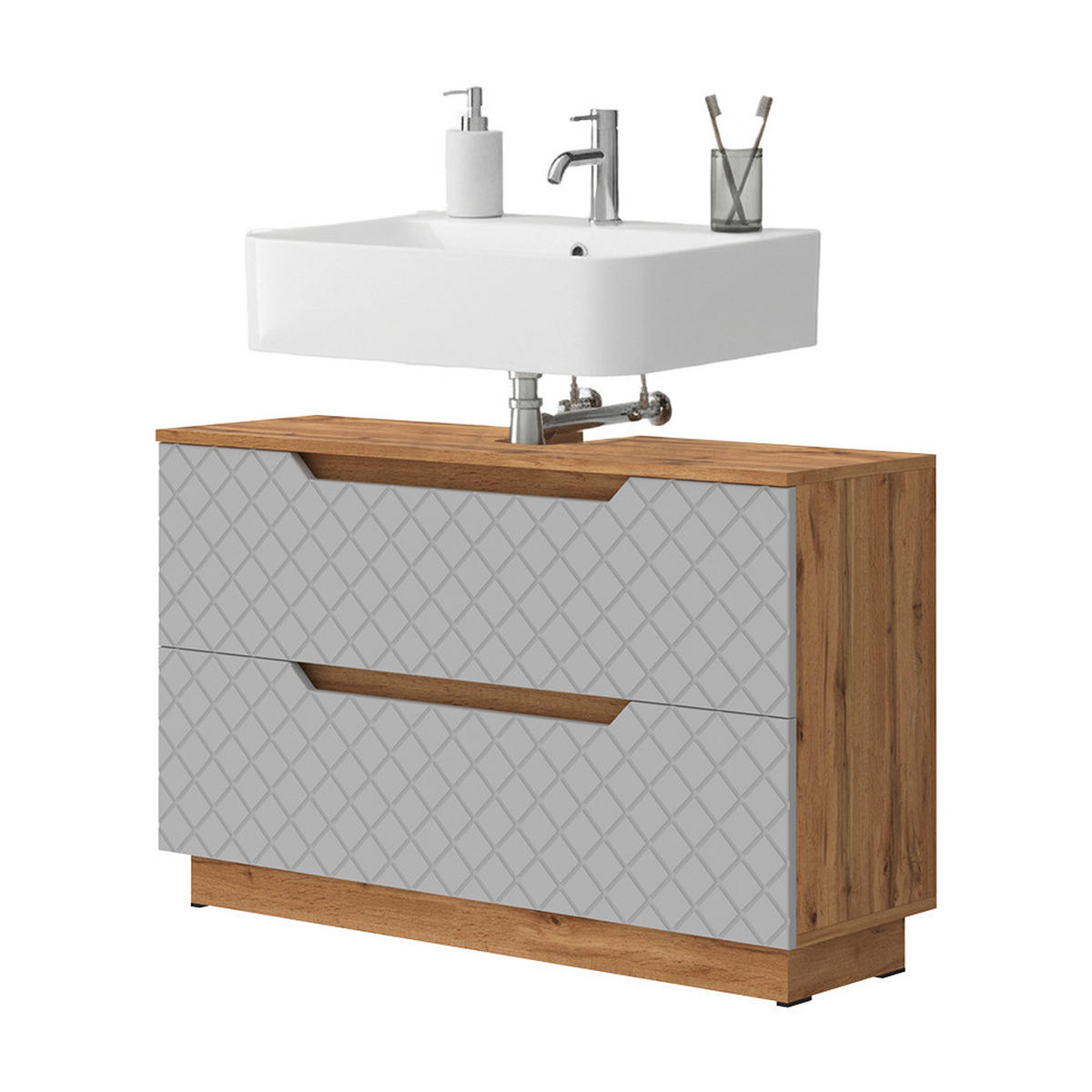 WASCHBECKENUNTERSCHRANK Lotta Eiche/Grau mit Kachelstruktur 99.4 x 62.5 cm mit 2 Schubladen - Eichefarben/Grau, Holzwerkstoff (99.4/62.5/32cm) - Vicco