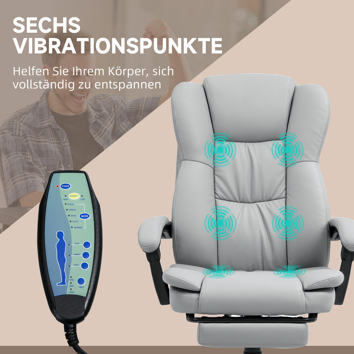 CHEFSESSEL DE-05022 Mit Fußstütze, Kopfstütze & Massagefunktion - Hellgrau, Metall (68.5/121/68.5cm) - ComfortXL