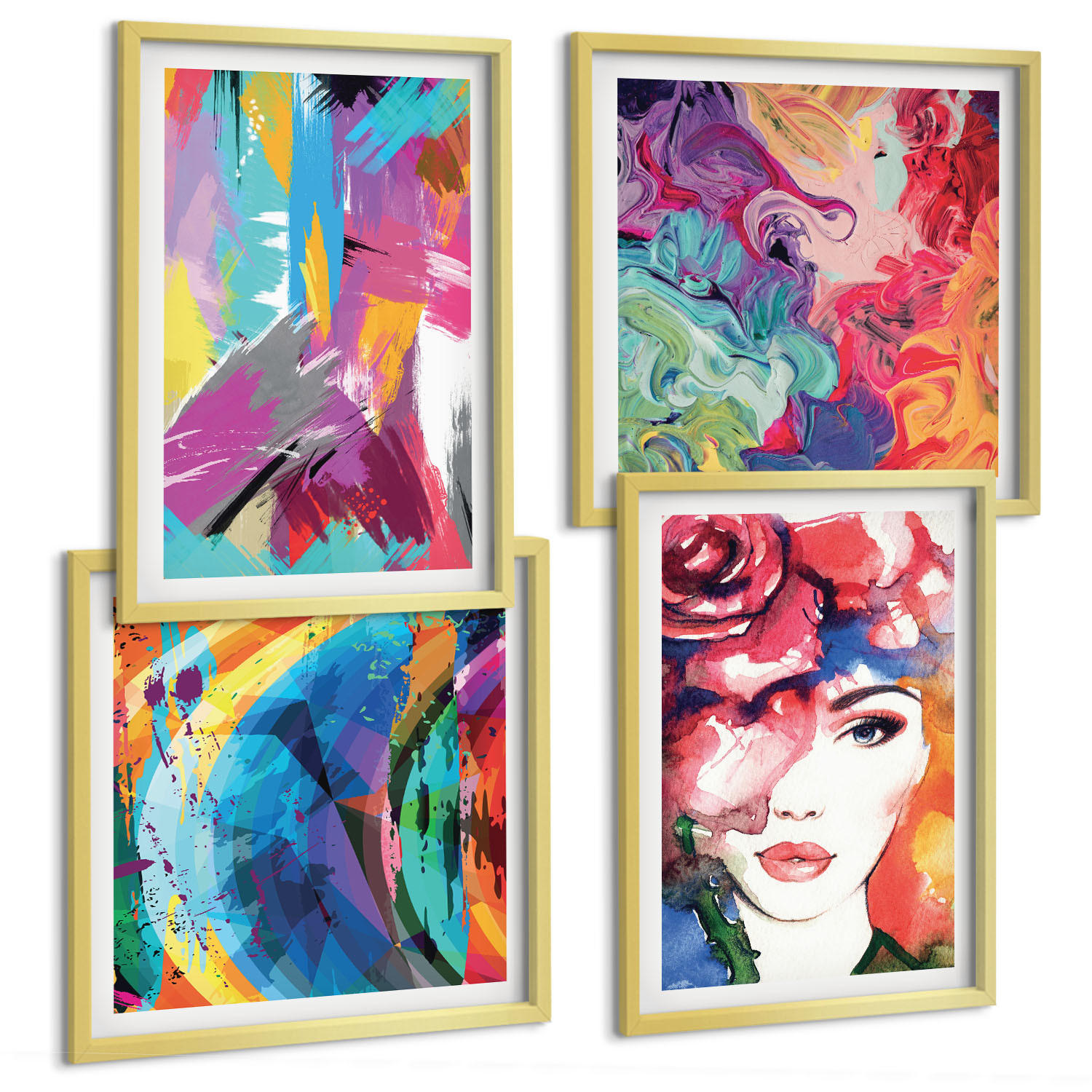 BILDER SET 4er Set - 50x50 cm & 40x60 cm Goldrahmen - Farbenfrohes abstraktes Porträt - Goldfarben, Kunststoff (50/50cm) - TULUP