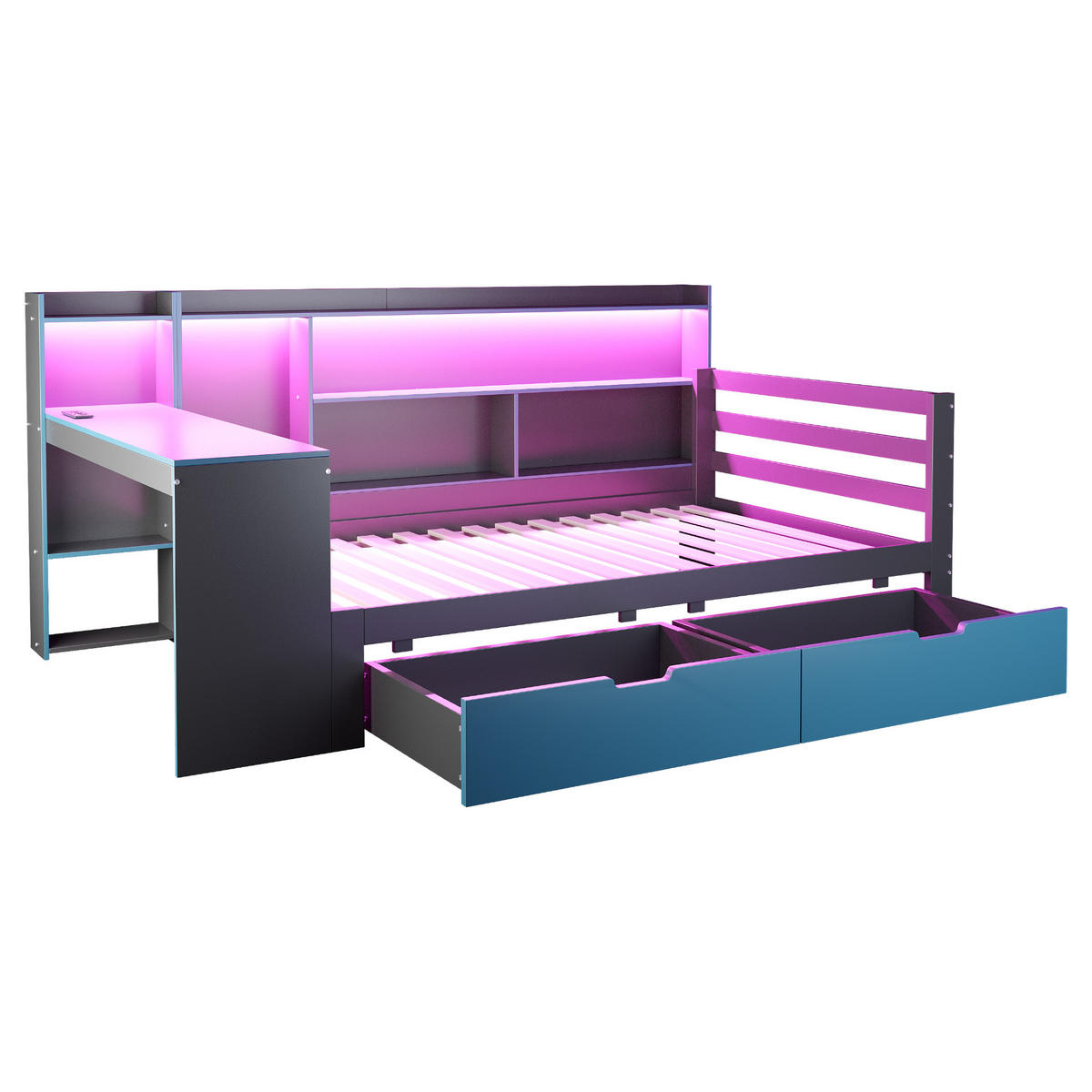 KINDERBETT 90/200 cm DE-01551, in Schwarz + Blau, mit Schreibtisch, Bücherregal und LED - Blau, Holz (90/200cm) - ComfortXL