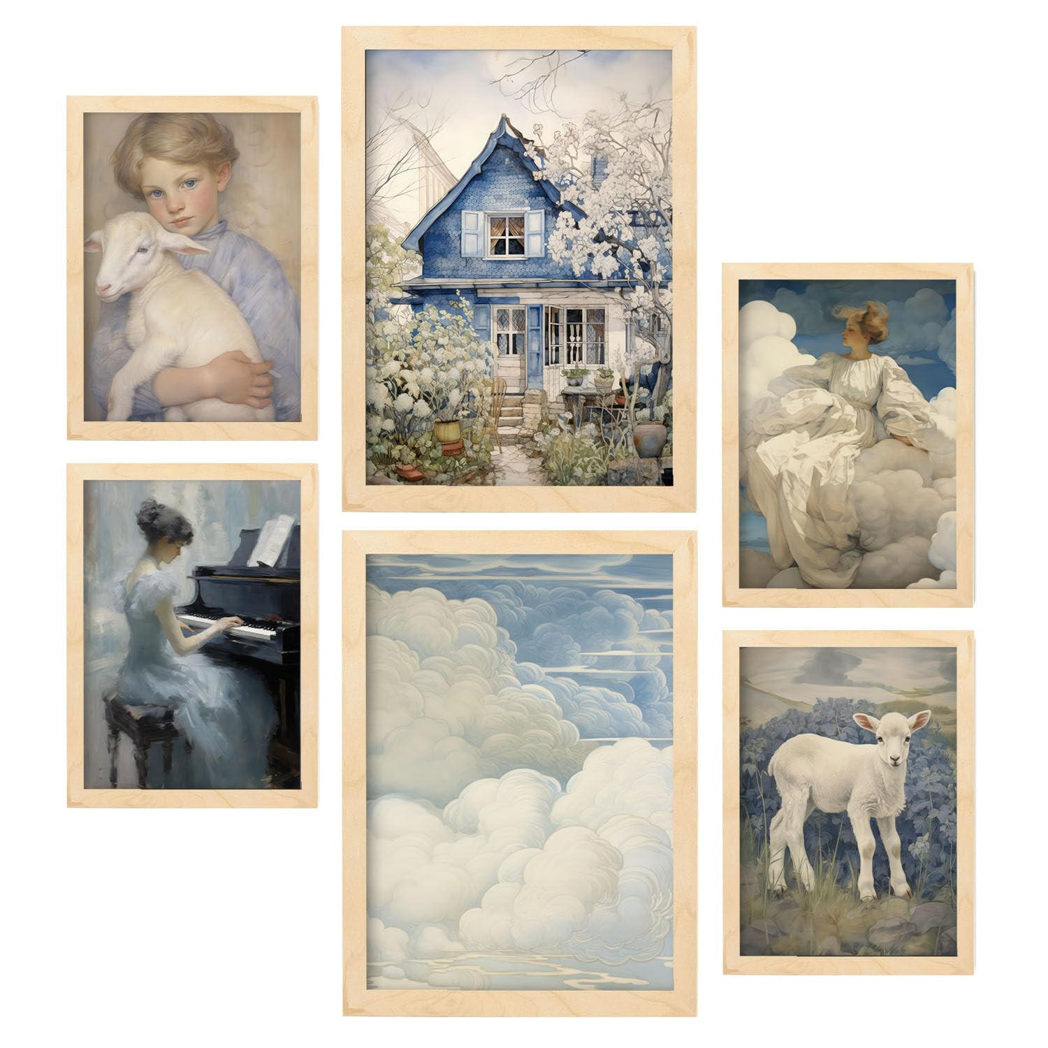 POSTER Set Mit 6 Romantischer Blau A3 & A4 Rahmen Aus Hellem Holz - Beige, Papier (29/3cm) - Nacnic