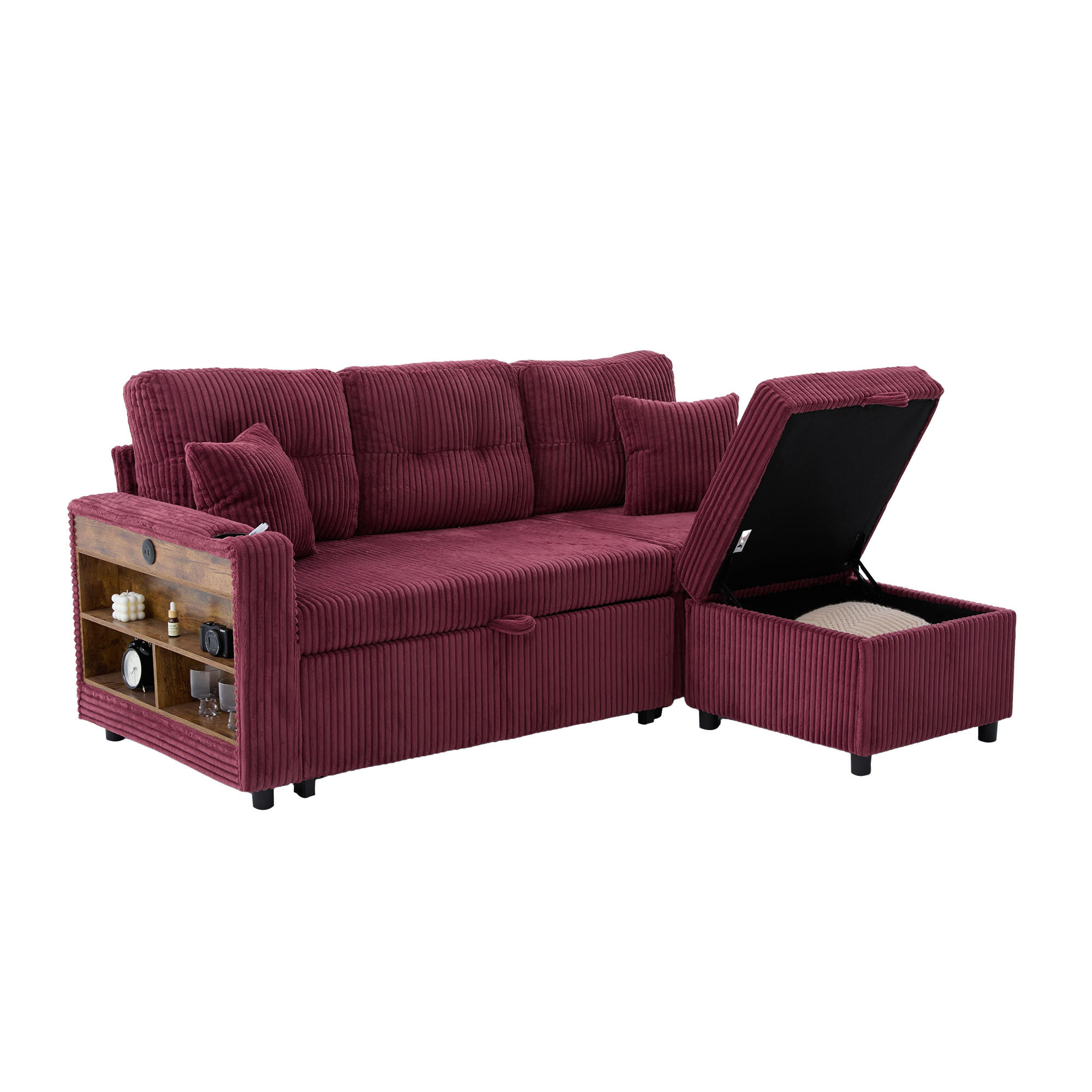 SCHLAFSOFA aus Cord mit Stauraum, Ausziehbett und USB-C - Weinrot, Textil (196/85/82cm)