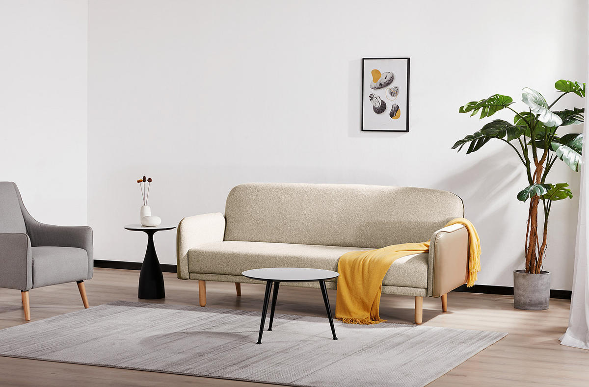 SCHLAFSOFA - Beige - Massivholz - Textil - 198 x 89 x 83 cm - Eichefarben/Beige, Holz/Birkenholz (198/89/83cm) - home24