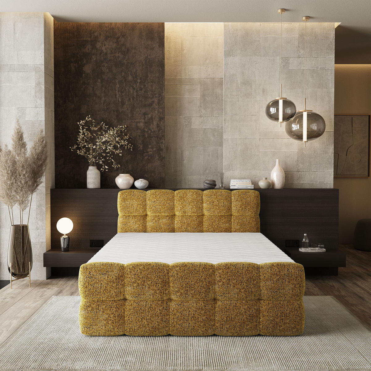 BOXBETT BRUME 160x200 cm mit Matratze und Topper, H2+H3 - Gelb - Gelb, Holz (160/200cm) - MASSENO