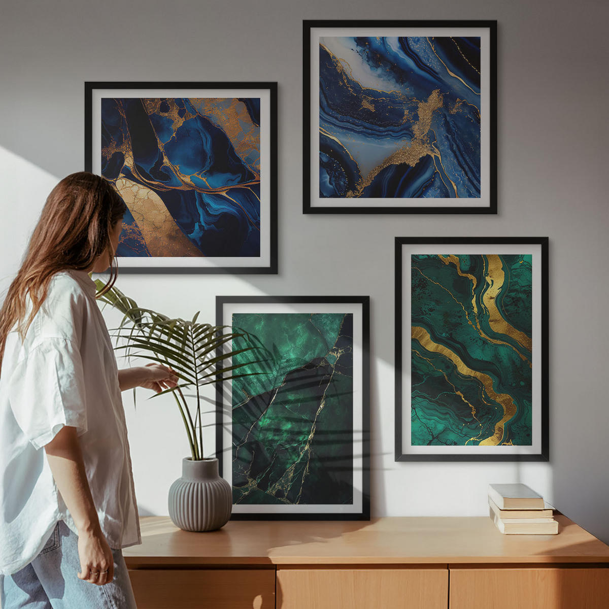 BILDER SET 4er Set - 50x50 cm & 40x60 cm Schwarzer Rahmen - Elegante Muster auf Steinen - Schwarz, Kunststoff (50/50cm) - TULUP