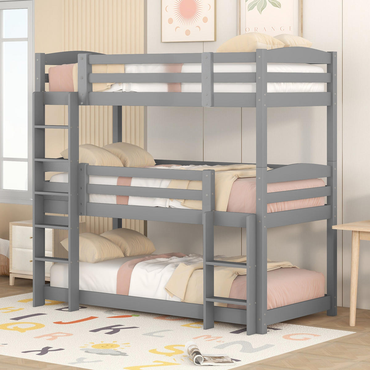 ETAGENBETT Kinderbette 90/200 cm aus Kiefernholz mit 3 Schlafplätzen Grau - Grau, Holz (90/200cm) - Modenvie