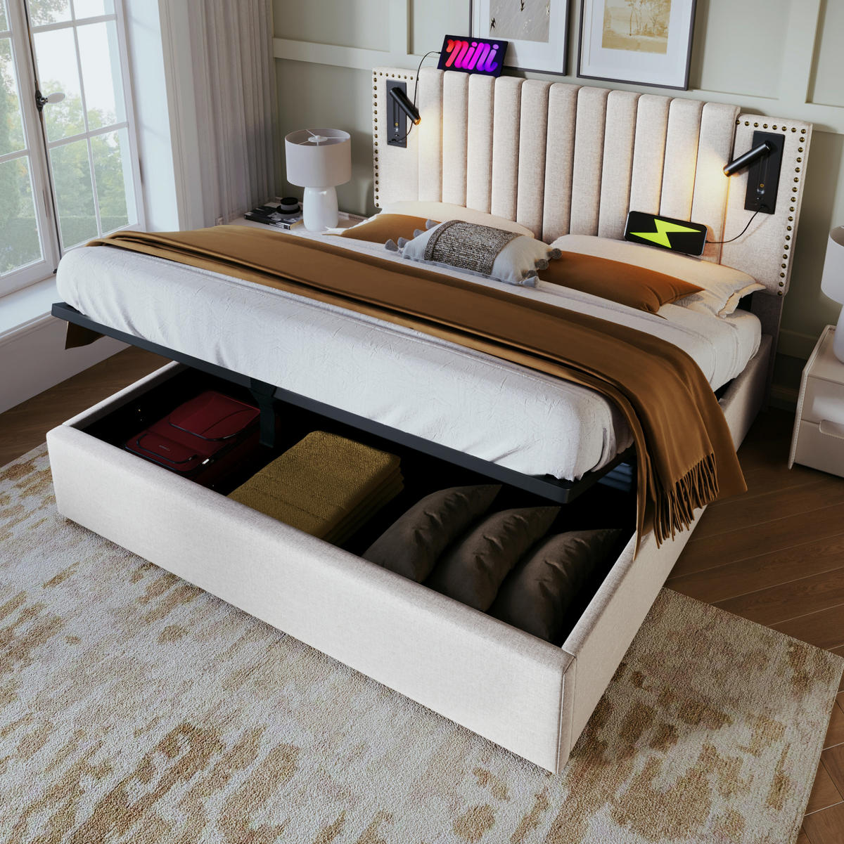 POLSTERBETT 160/200 cm mit Bettkasten, LED-Leselicht, USB-C und Lattenrost - Beige, Textil (160/200cm) - BEAOK
