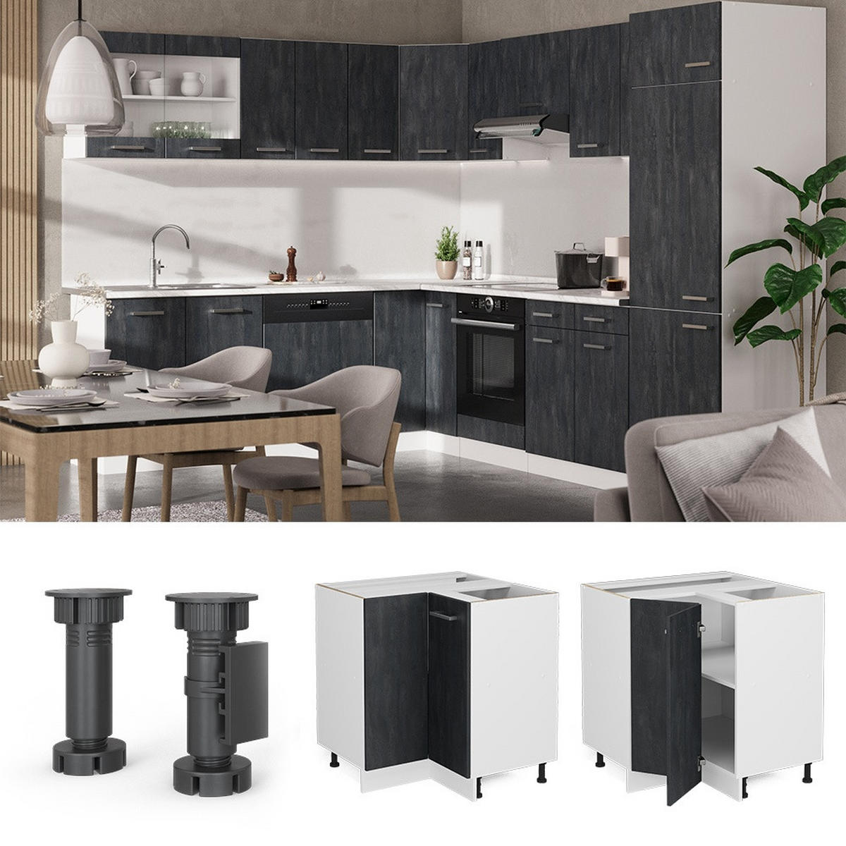 HÖRNUNDERSKÅP R-Line Svart betong 75.6 cm AP marmor - Vit/Svart, Träbaserade material (75.6/81.6/60cm) - Vicco