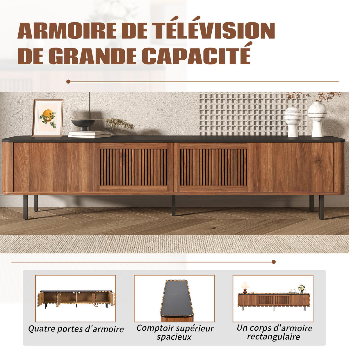TV-SCHRANK Nussbaumfarben/Schwarz 190/35/45 cm, Gittertüren, Metallbeine - Walnussfarben, Holzwerkstoff (190/45/35cm) - PANGIVO