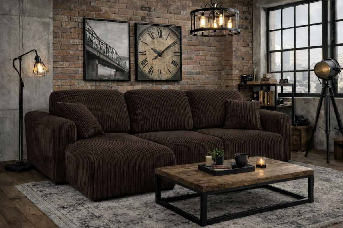 ECKSOFA Mit Schlaffunktion Und Bettkasten, Sofa L-Form Bingo L, Cordstoff Poso, Braun, Links - Braun, Holz (250/142cm) - Kaiser Möbel