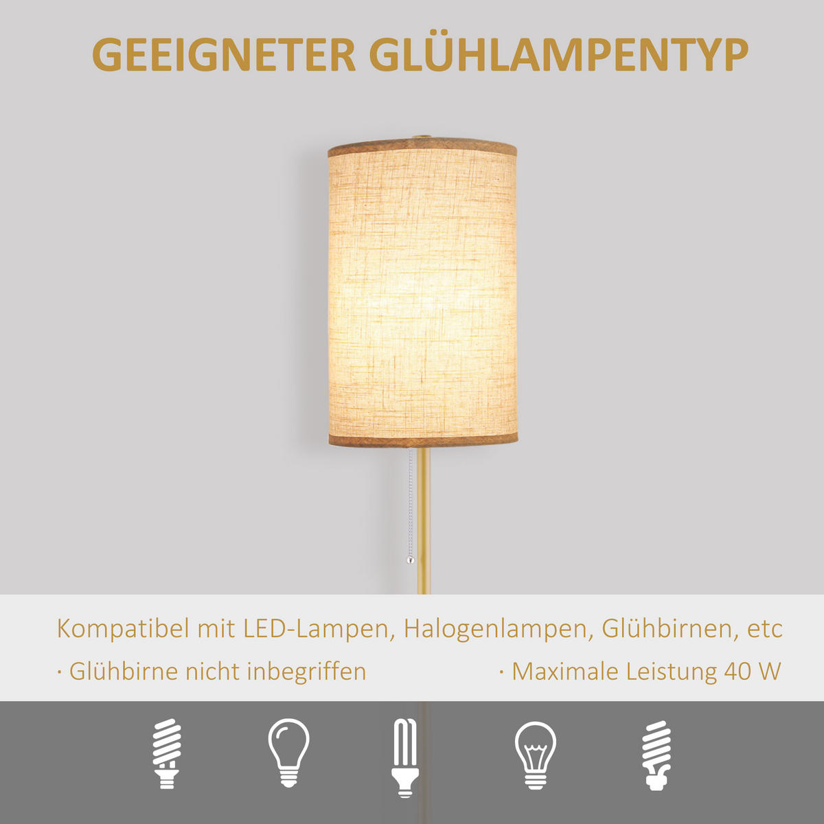 STEHLEUCHTE 157cm Stehlampe-Wohnzimmer cremeweiß mit Leinen-Lampenschirm und Zugschalter - Goldfarben, Metall (25.5/25.5/157cm) - Raelunyi