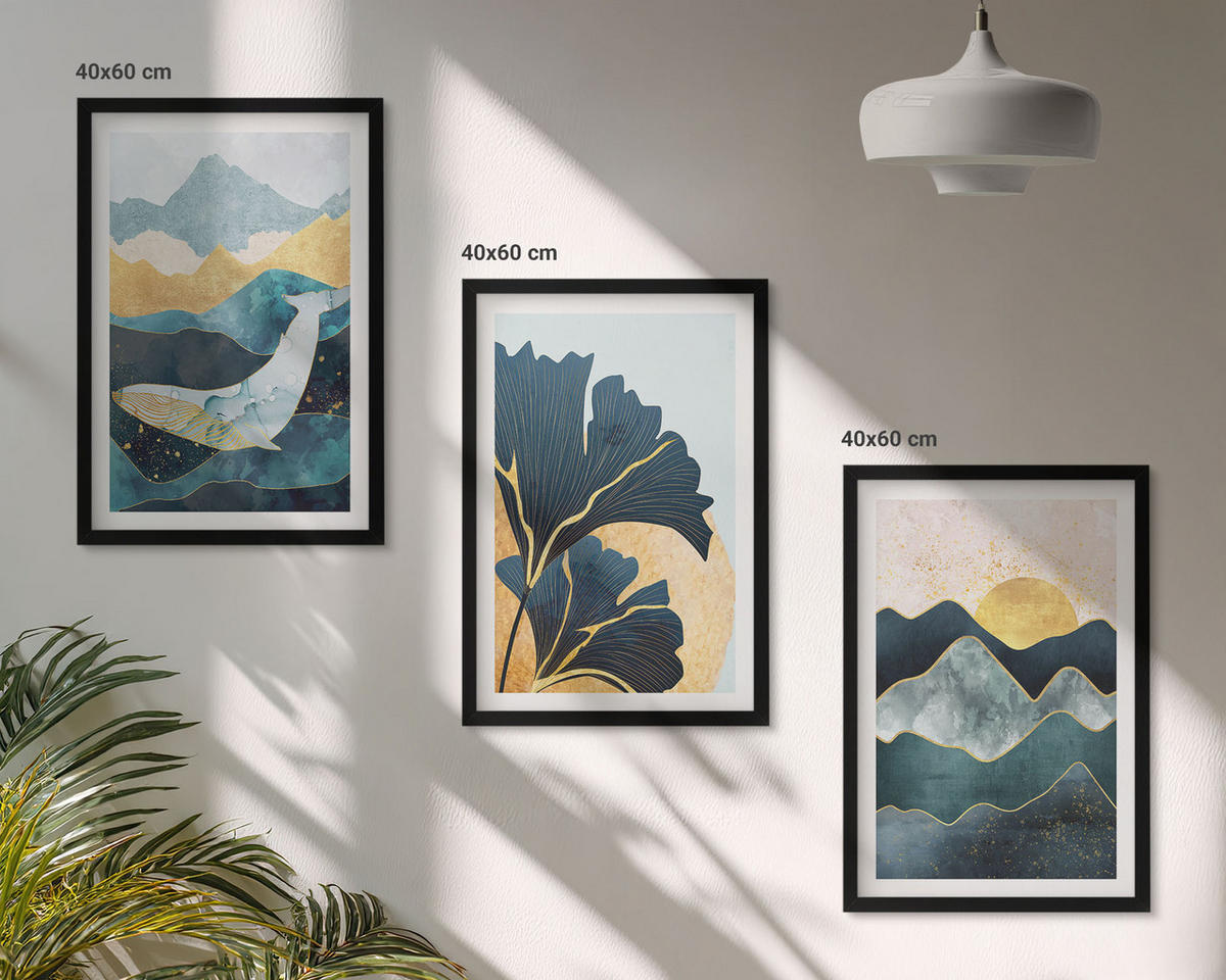 BILDER SET 3er Set - 40x60 cm Schwarzer Rahmen - Abstrakte Bergansichten - Schwarz, Kunststoff (40/60cm) - TULUP
