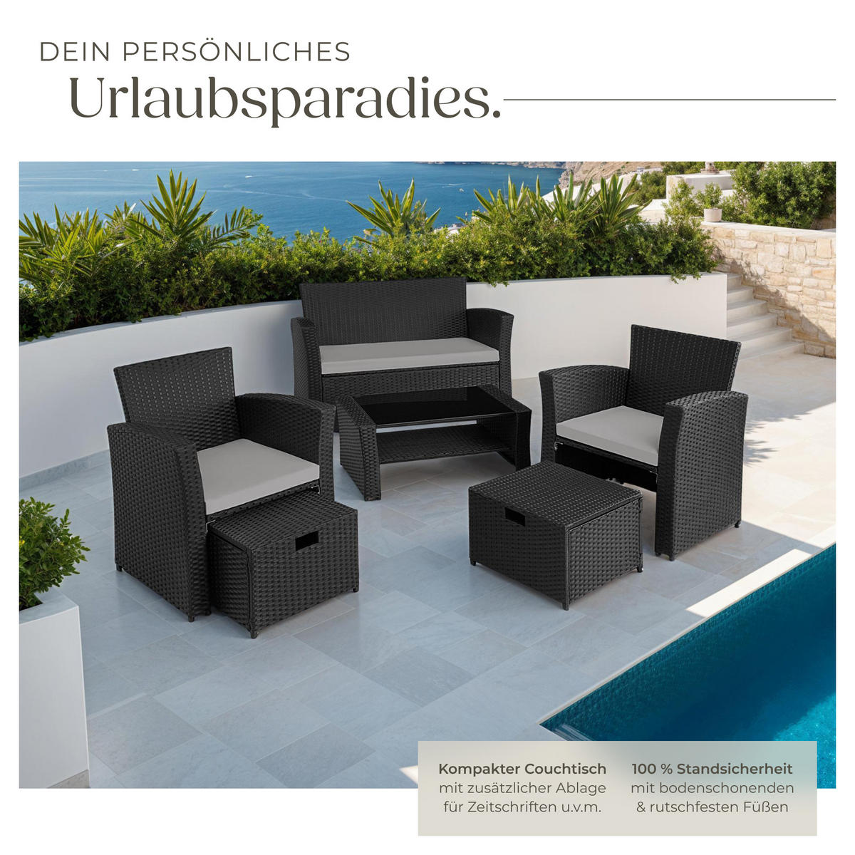 RATTAN SITZGRUPPE Modena,inklusive Staufach und Schutzhülle,schwarz/grau - Schwarz/Grau, Kunststoff - tectake