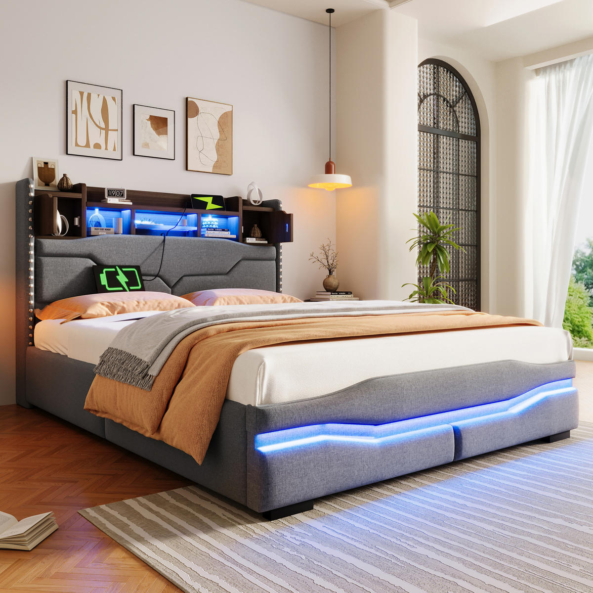 POLSTERBETT 140/200 cm aus Leinen und MDF mit LED-Beleuchtung, Grau - Grau, Textil (140/200cm) - OKMYHOME