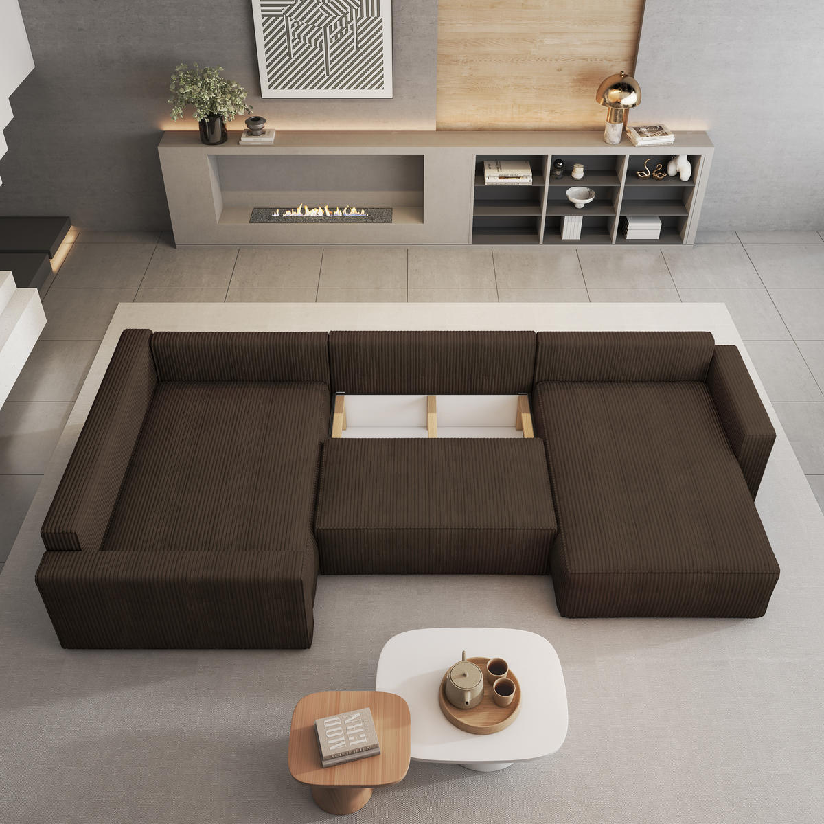 WOHNLANDSCHAFT VELAMI L-S Braun Kordstoff mit Schlaffunktion - Braun, Holz (365/83/194cm) - MASSENO