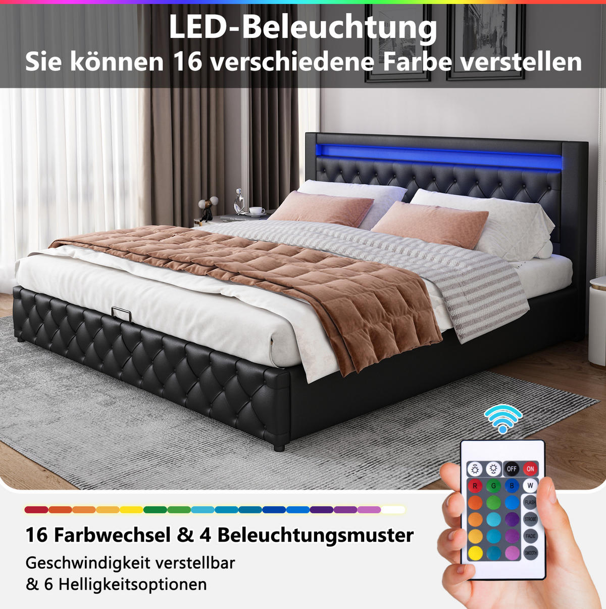 POLSTERBETT 160/200 cm schwarz aus PU mit Bettkasten und LED-Beleuchtung - Schwarz, Kunststoff (160/200cm) - OKMYHOME