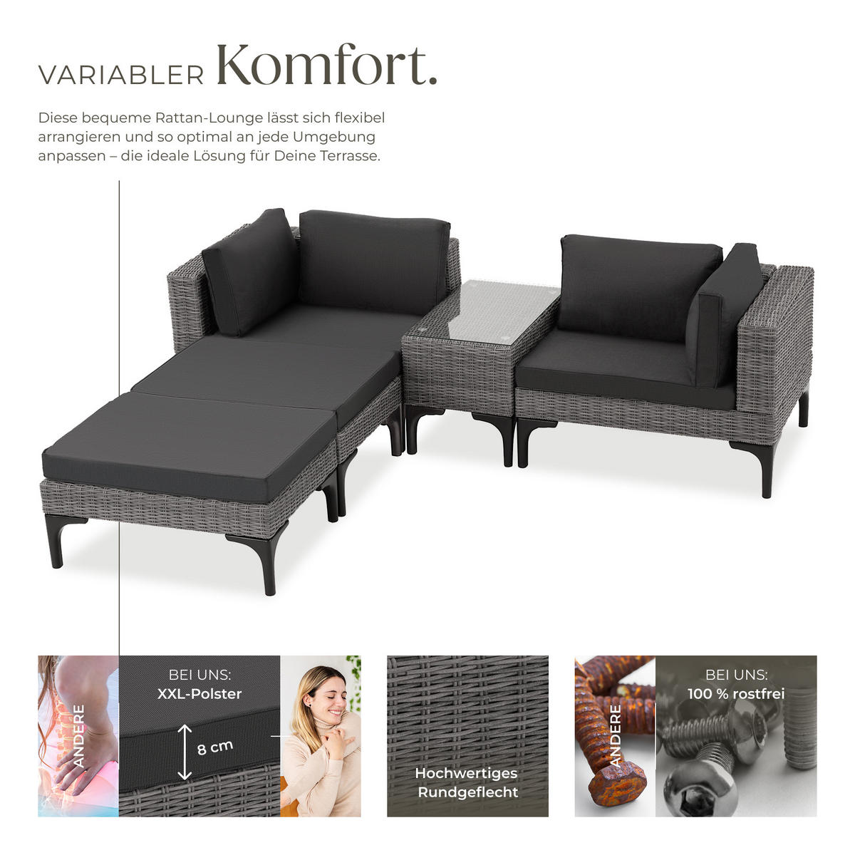 RATTANLOUNGE Bellaria,mit Sicherheitsglasplatte,grau - Grau, Kunststoff/Metall - tectake